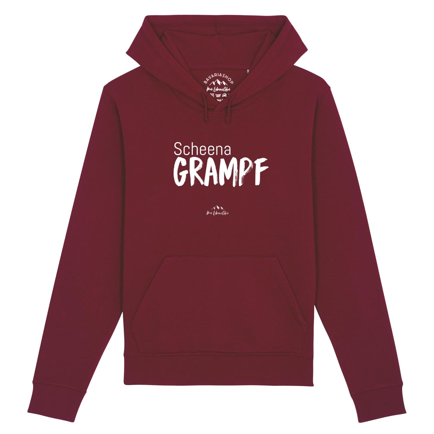 Weinroter Damen Hoodie mit weißem Frontprint „Scheena Grampf“, Kapuze und Bauchtasche aus Bio-Baumwollmix.