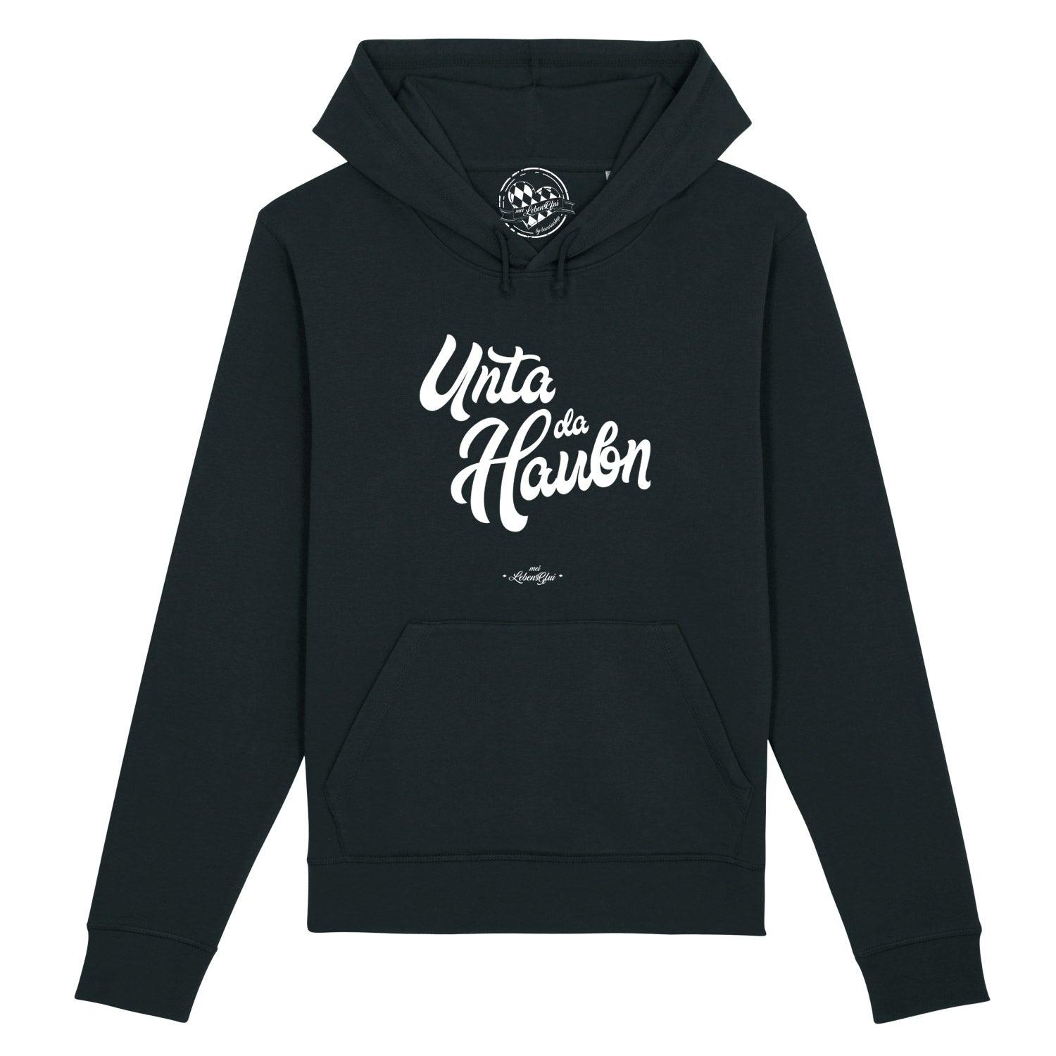 Damen Hoodie in Dunkelblau mit weißem Aufdruck „unta da Haubn“, Kapuze, Kängurutasche, Bio-Baumwolle.
