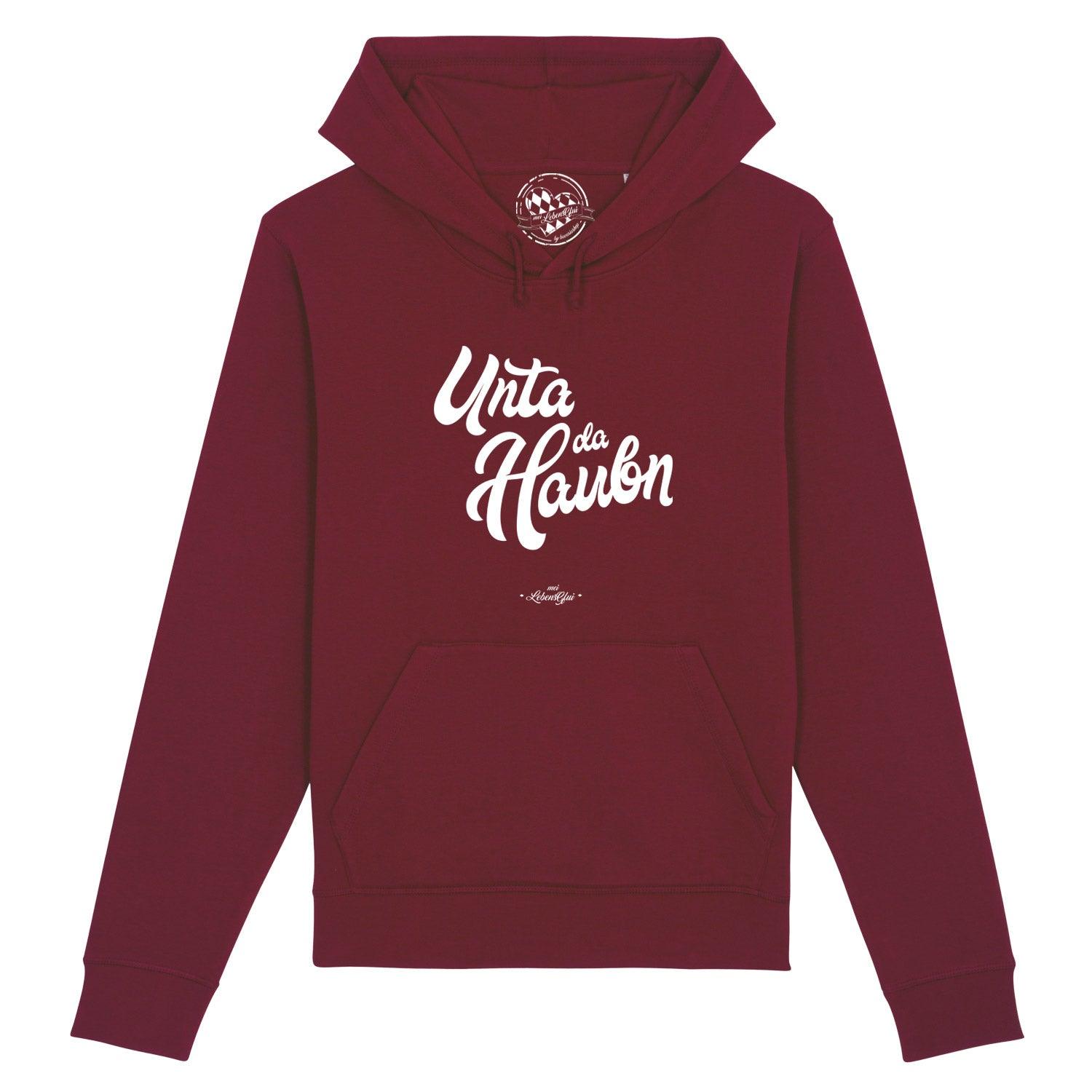 Beiger Damen Hoodie mit Aufdruck „Unta da Haubn“, Kapuze, Kängurutasche, aus Bio-Baumwolle und Recycling-Polyester.
