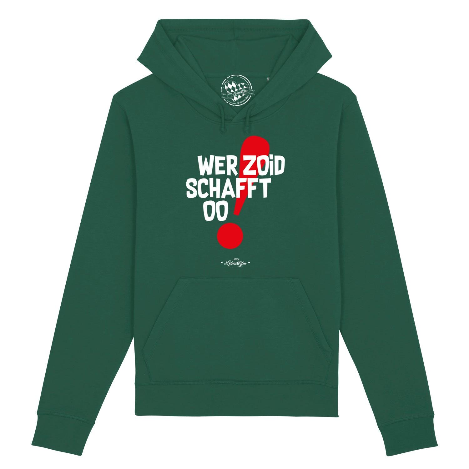 Damen Hoodie in Dunkelblau mit Kapuze, Frontdruck „Wer zoid, schafft oo!“, aus Bio-Baumwolle und recyceltem Polyester.