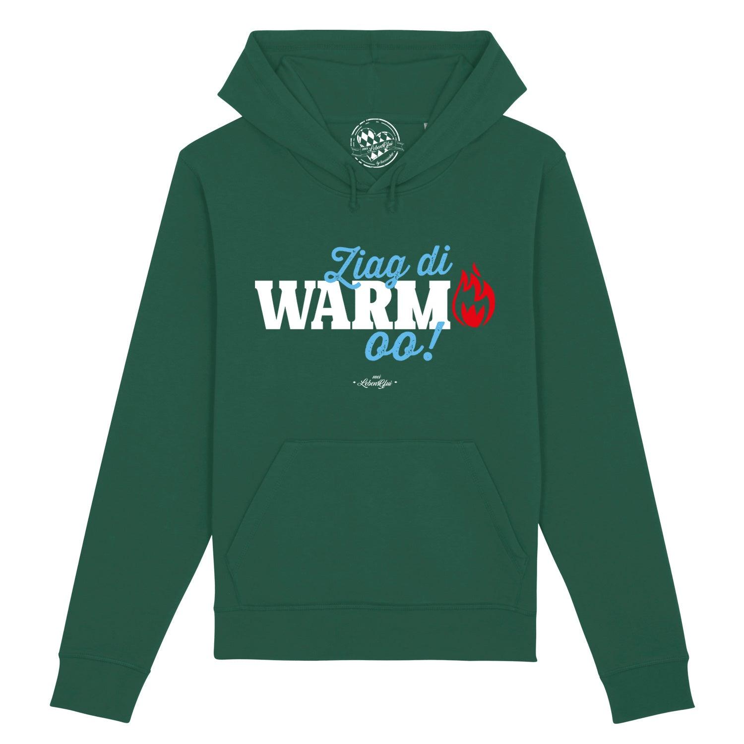 Damen Hoodie in Hellrosa mit Kapuze, Aufdruck „Ziag di warm oo!“ in Weiß, Bio-Baumwolle-Mix, lässiger Schnitt.