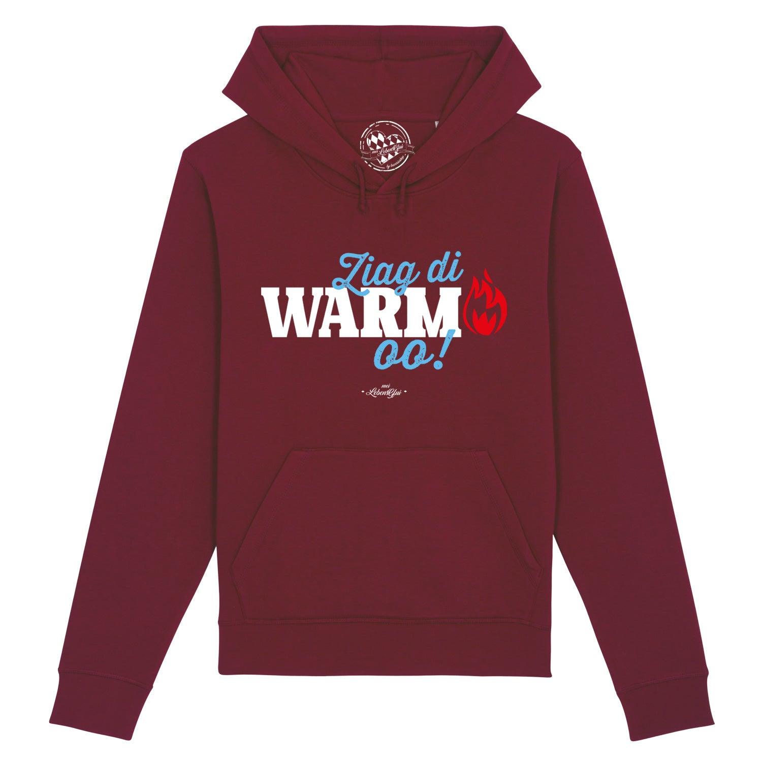 Damen Hoodie in Dunkelgrau mit Kapuze, Frontprint „Ziag di warm oo!“, Bio-Baumwolle, klassische Passform.