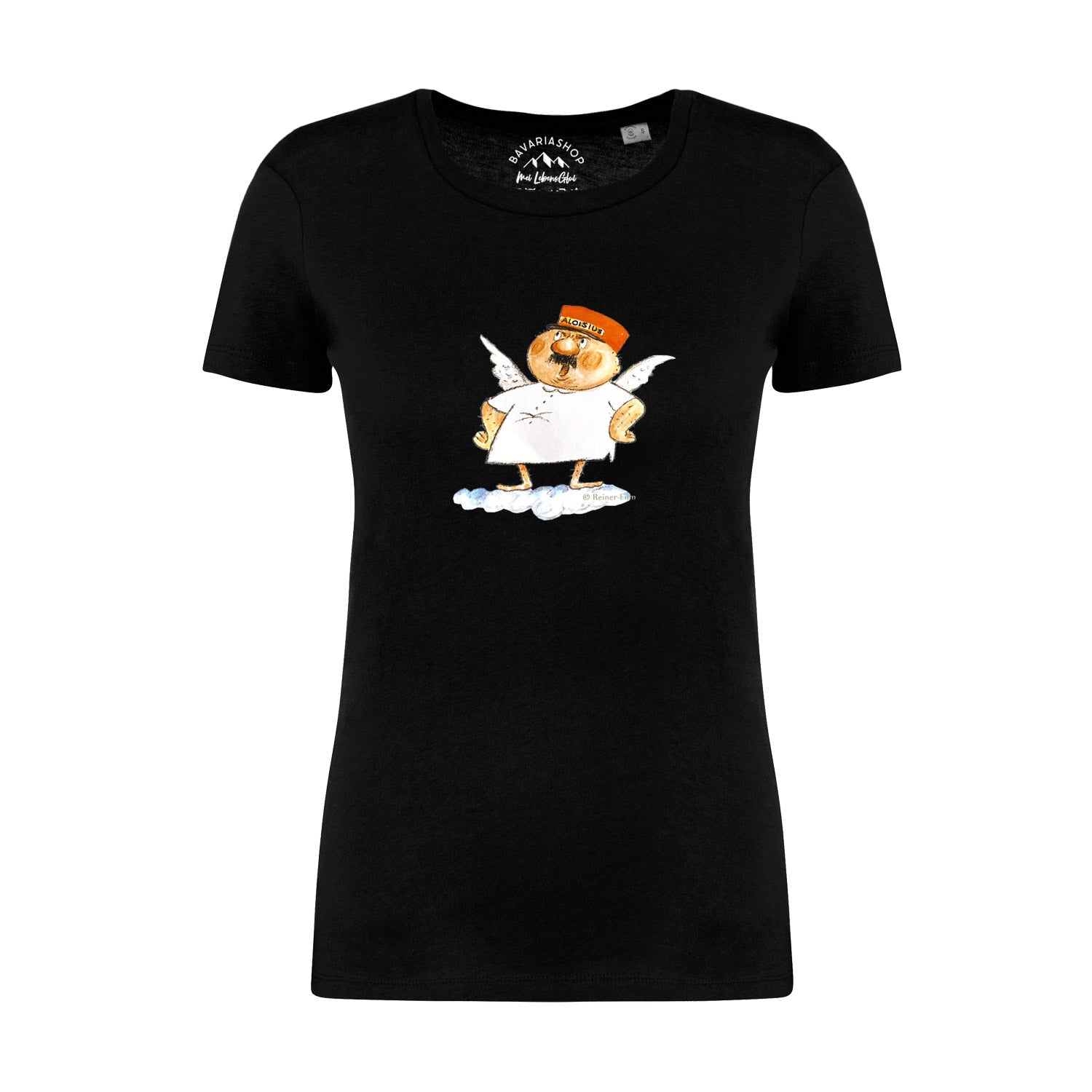 Damen T-Shirt mit Engel-Motiv und Schriftzug „Grantlhuaba“, hochwertiger Digitaldruck auf Bio-Baumwolle.
