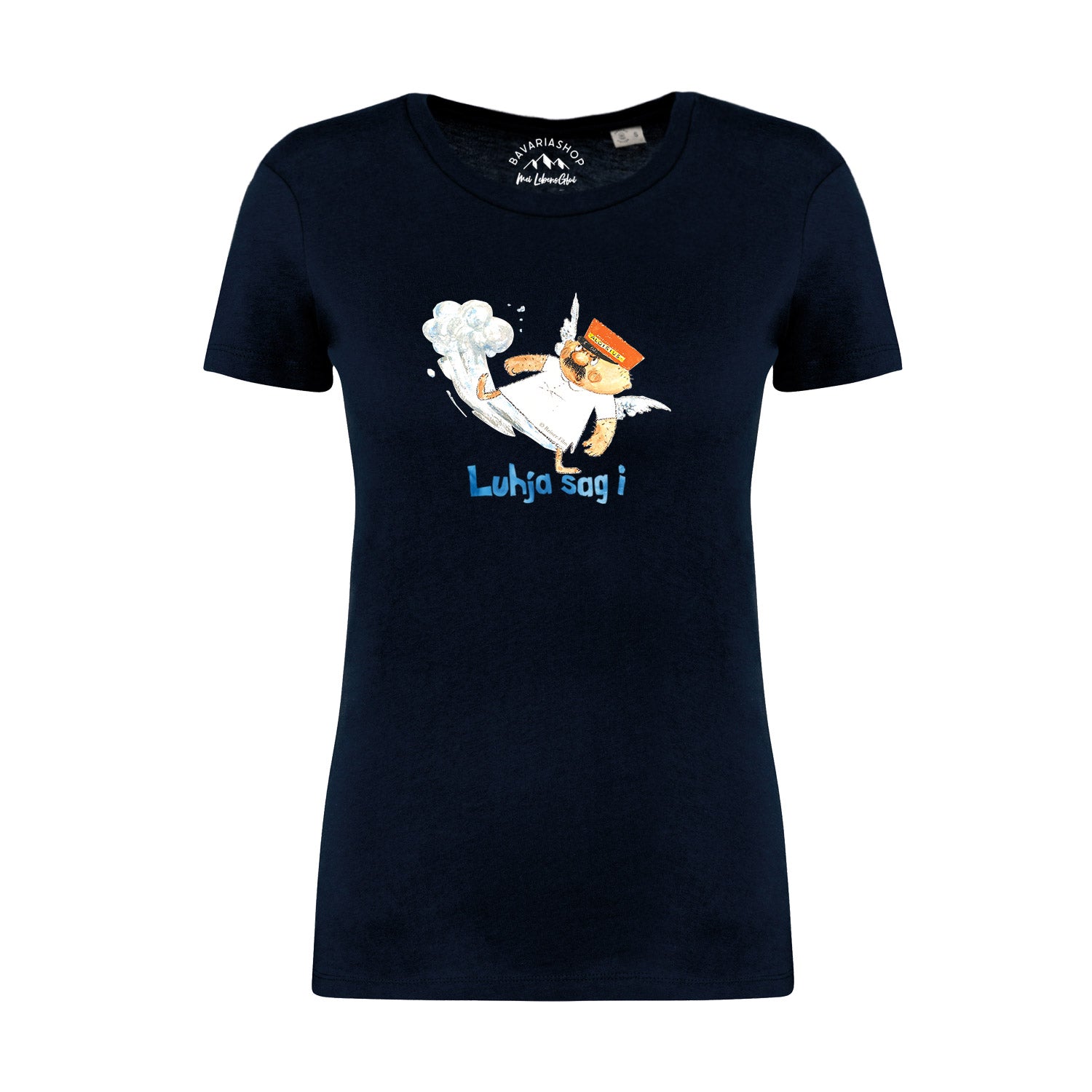 Damen T-Shirt mit Engel-Aloisius-Motiv und „Luhja, sag i“-Schriftzug, aus Bio-Baumwolle, in Dunkelblau.