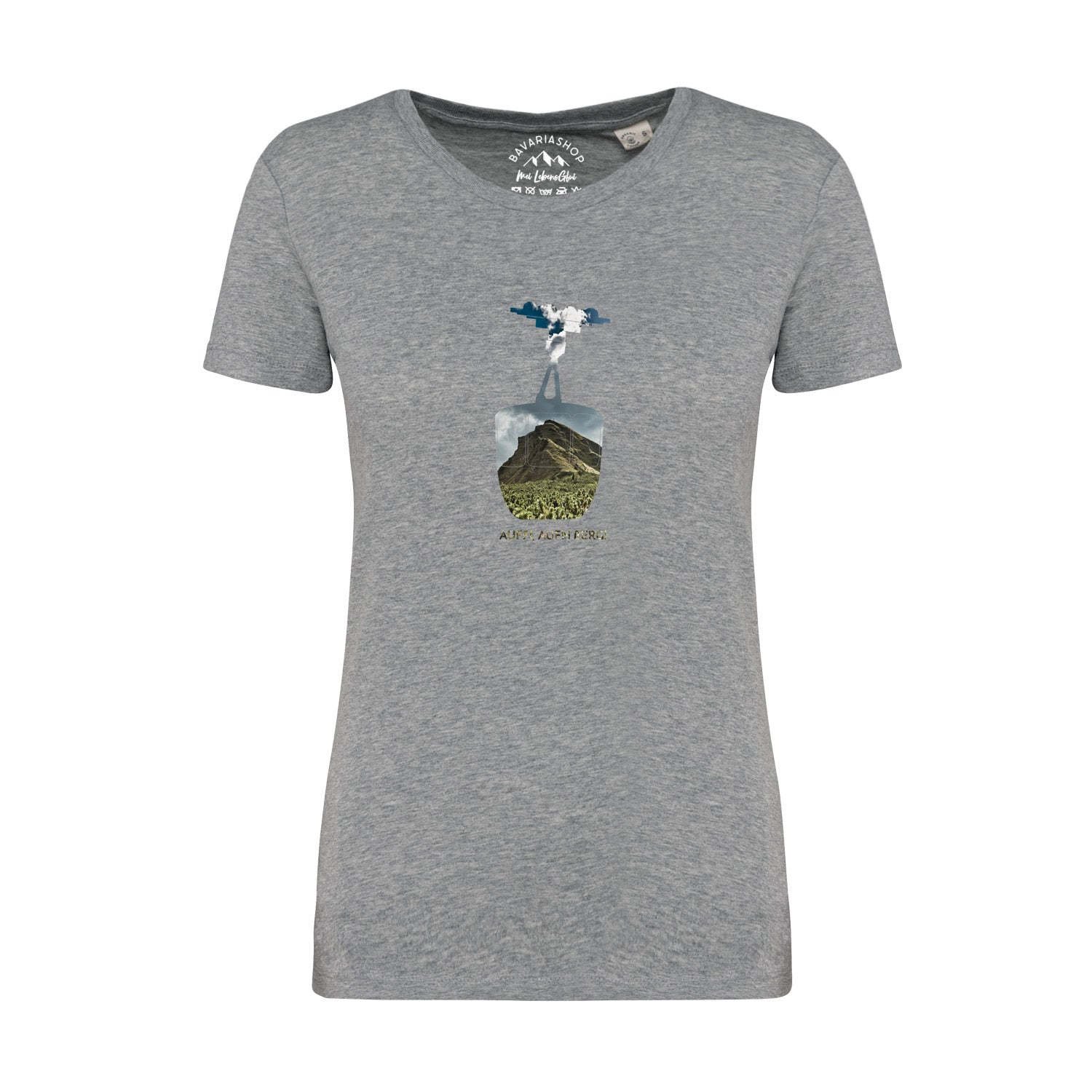 Graues Damen T-Shirt mit weißem Frontprint „Auffi, aufn Berg!“, kurzärmelig, 100 % Bio-Baumwolle.