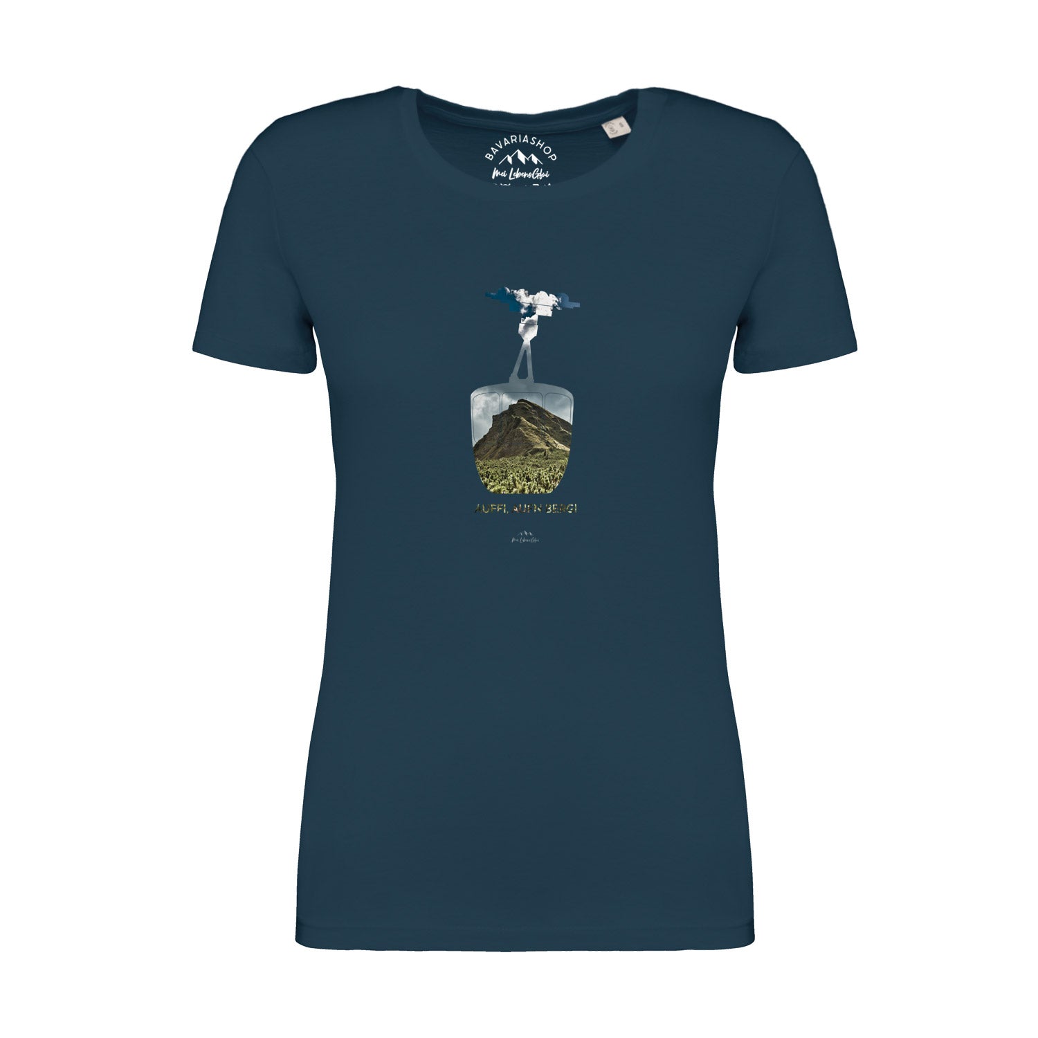 Damen T-Shirt in Pfauenblau mit weißem Schriftzug "Auffi, aufn Berg!", Kurzarm, Bio-Baumwolle, 180 g/m².
