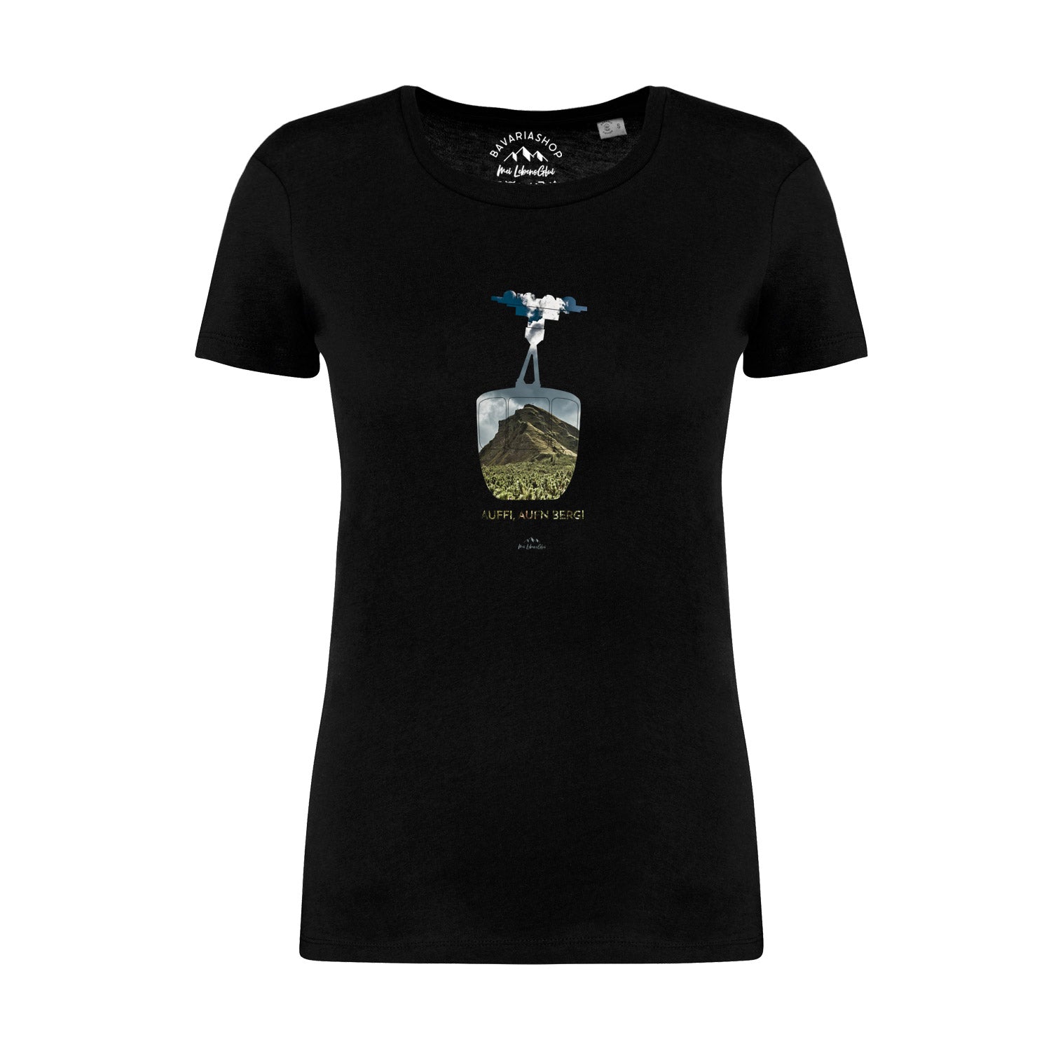 Schwarzes Damen-T-Shirt mit weißem Schriftzug „Auffi, aufn Berg!“, gerade Form, aus 100 % Bio-Baumwolle.