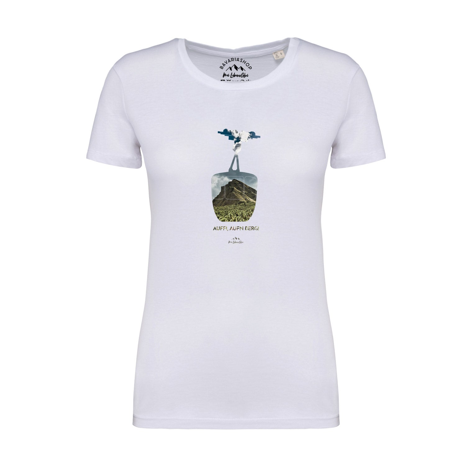Weißes Damen-T-Shirt mit bayerischem Schriftzug „Auffi, aufn Berg!“, Rundhalsausschnitt, aus 100 % Bio-Baumwolle.