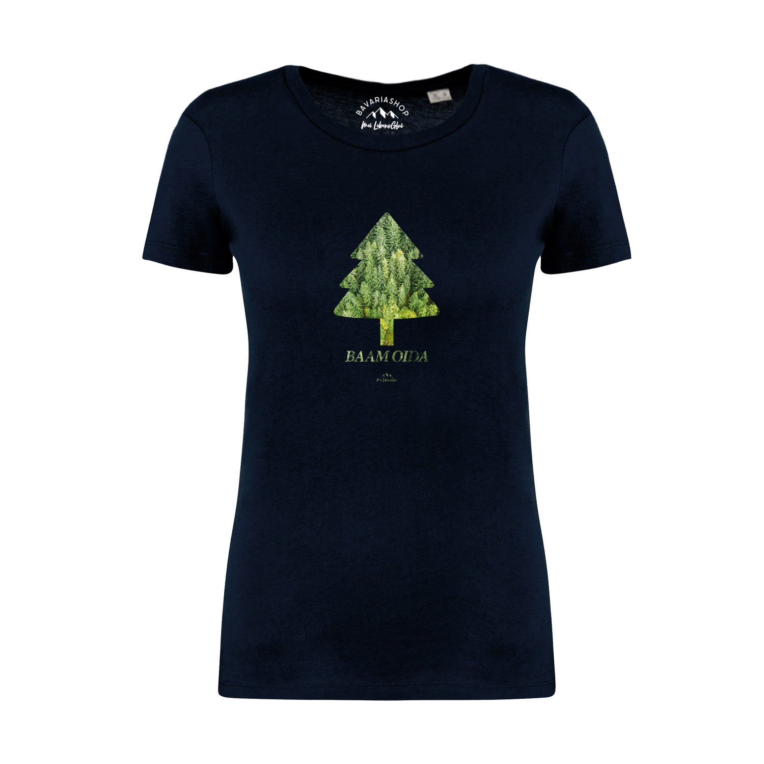 Dunkelblaues Damen-T-Shirt mit weißem „BAAM OIDA“-Schriftzug, Rundhalsausschnitt, aus 100 % Bio-Baumwolle.