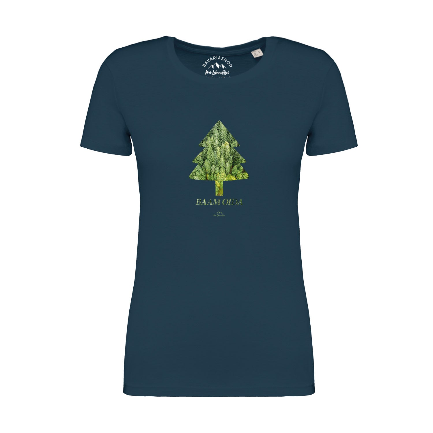 Pfauenblaues Damen-T-Shirt mit großem BAAM OIDA Schriftzug, kurzärmelig, 100 % Bio-Baumwolle, digital bedruckt.
