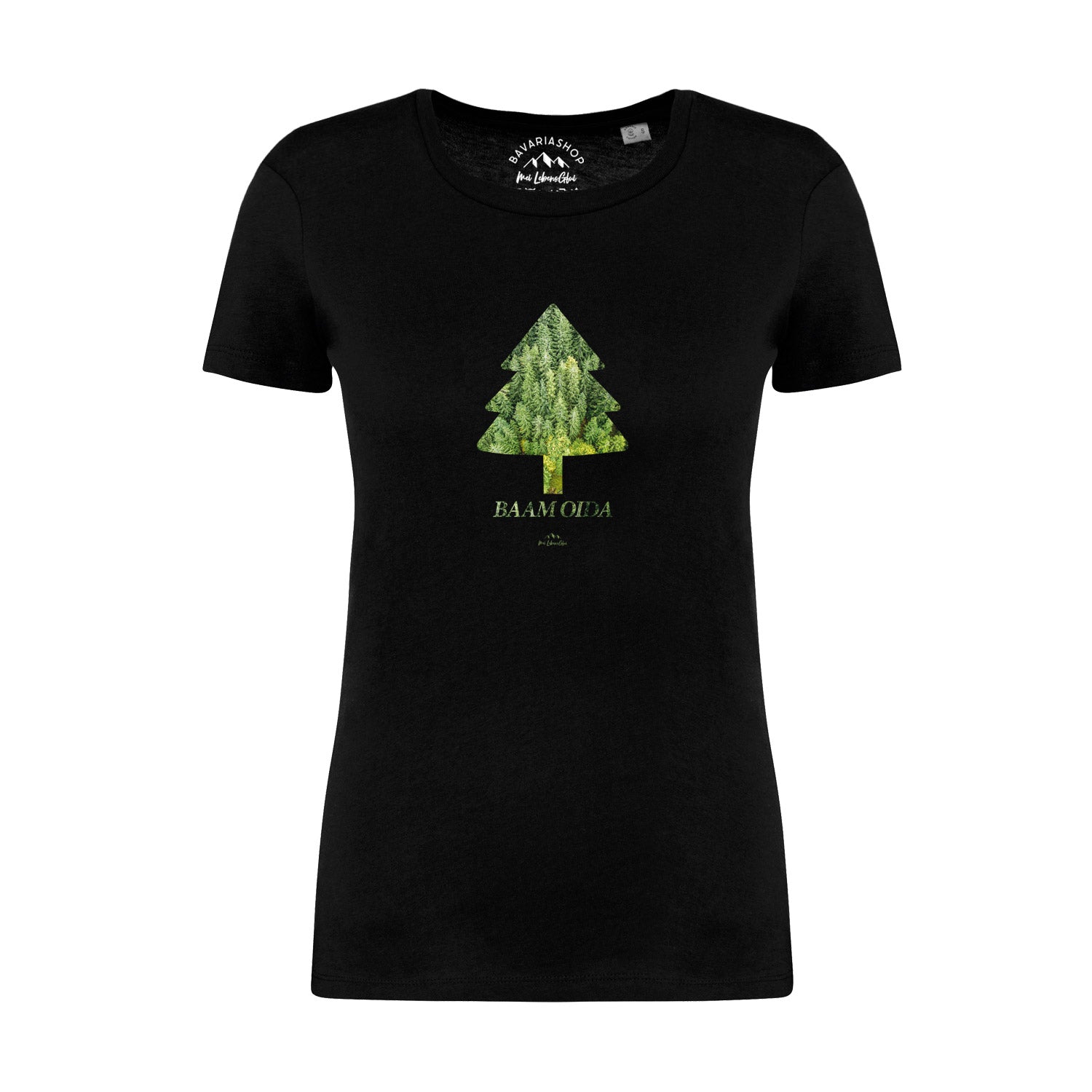Schwarzes Damen-T-Shirt mit weißem Frontprint „BAAM OIDA“, Rundhals, kurzarm, aus 100 % Bio-Baumwolle.