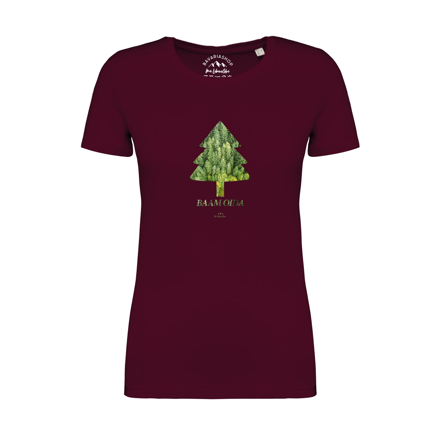 Weinrotes Damen-T-Shirt mit weißem Schriftzug „BAAM OIDA“, kurzärmelig, Rundhalsausschnitt, Bio-Baumwolle.