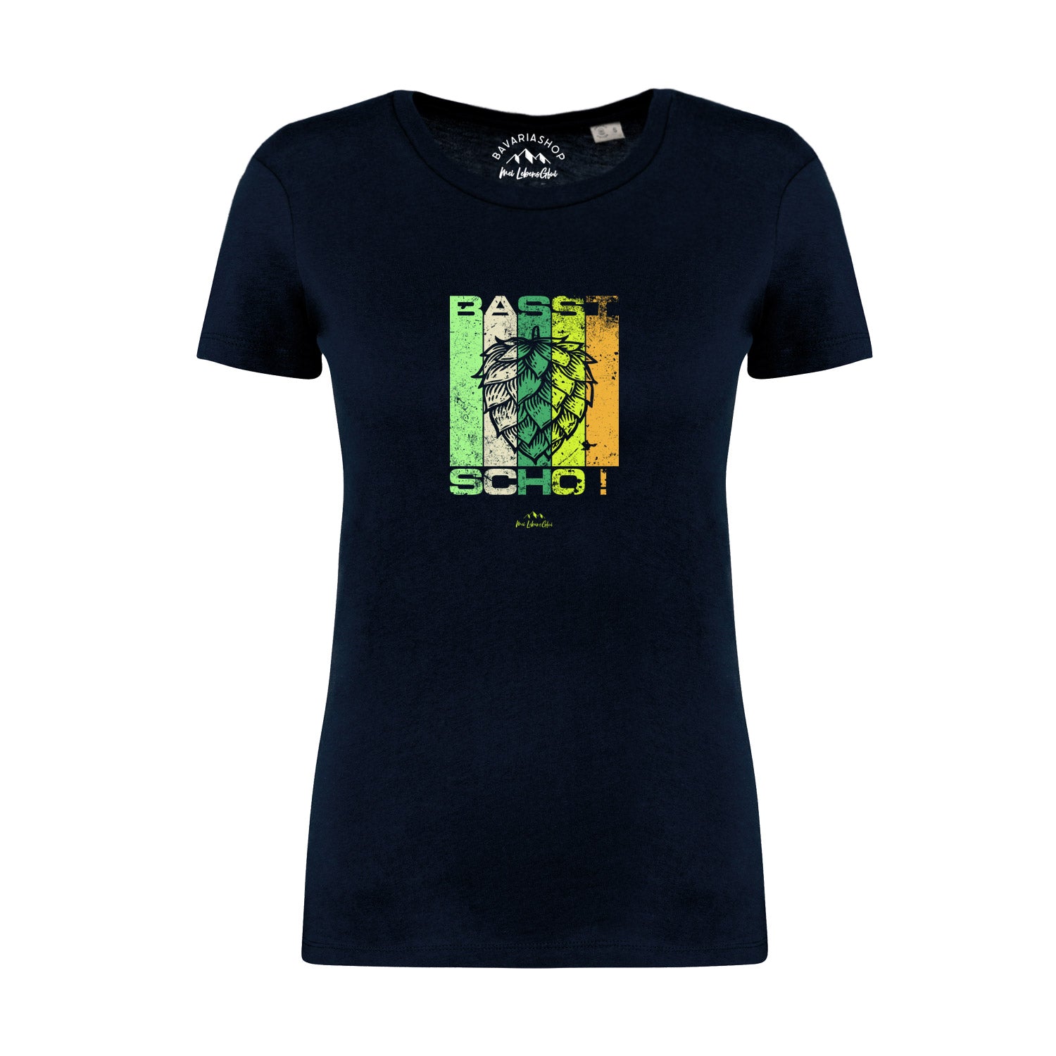Dunkelblaues Damen-T-Shirt mit weißem „Basst scho“-Schriftzug, Rundhalsausschnitt, 100 % Bio-Baumwolle.