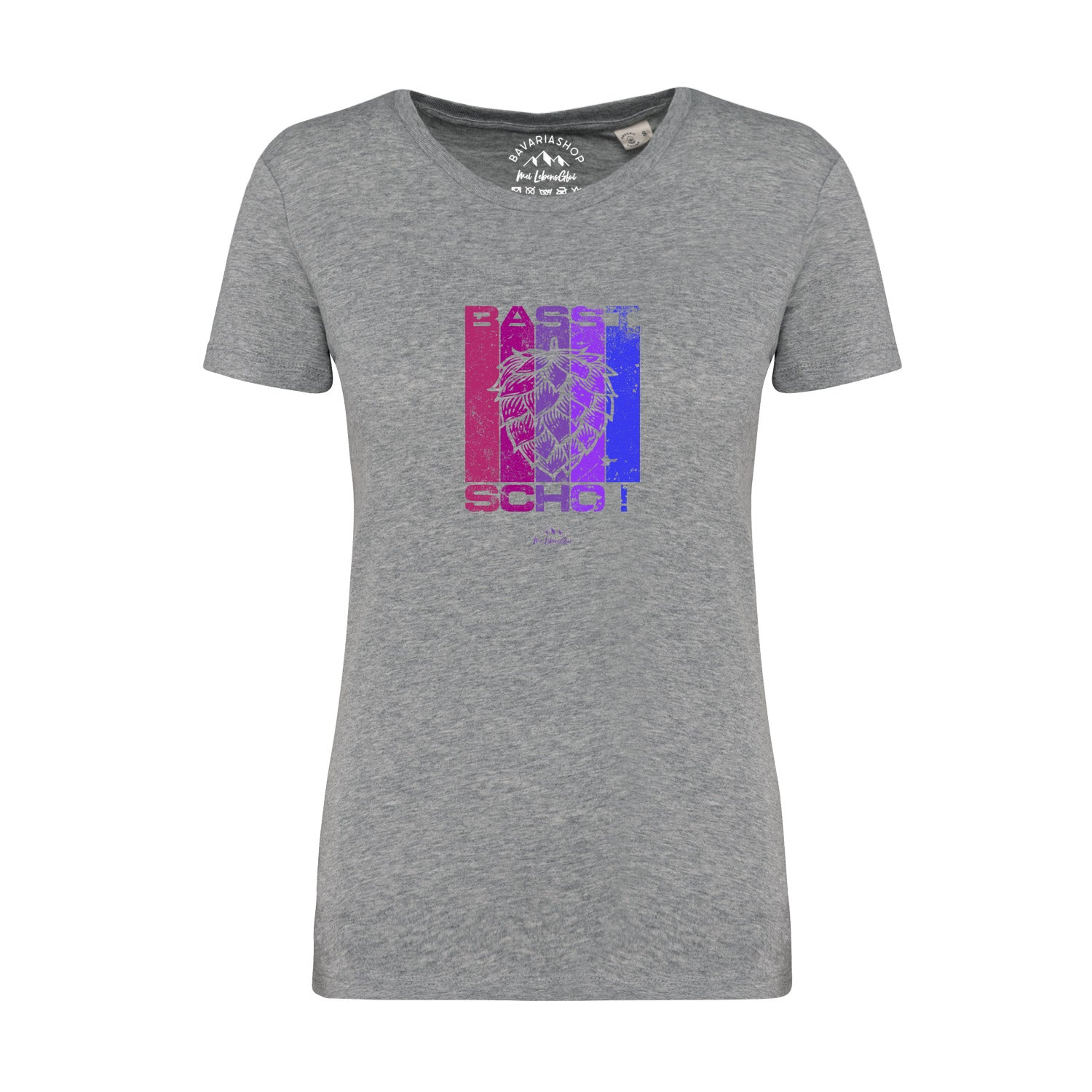 Graues Damen-T-Shirt mit weißem Frontprint „Basst scho“, Rundhalsausschnitt, aus 100 % Bio-Baumwolle.