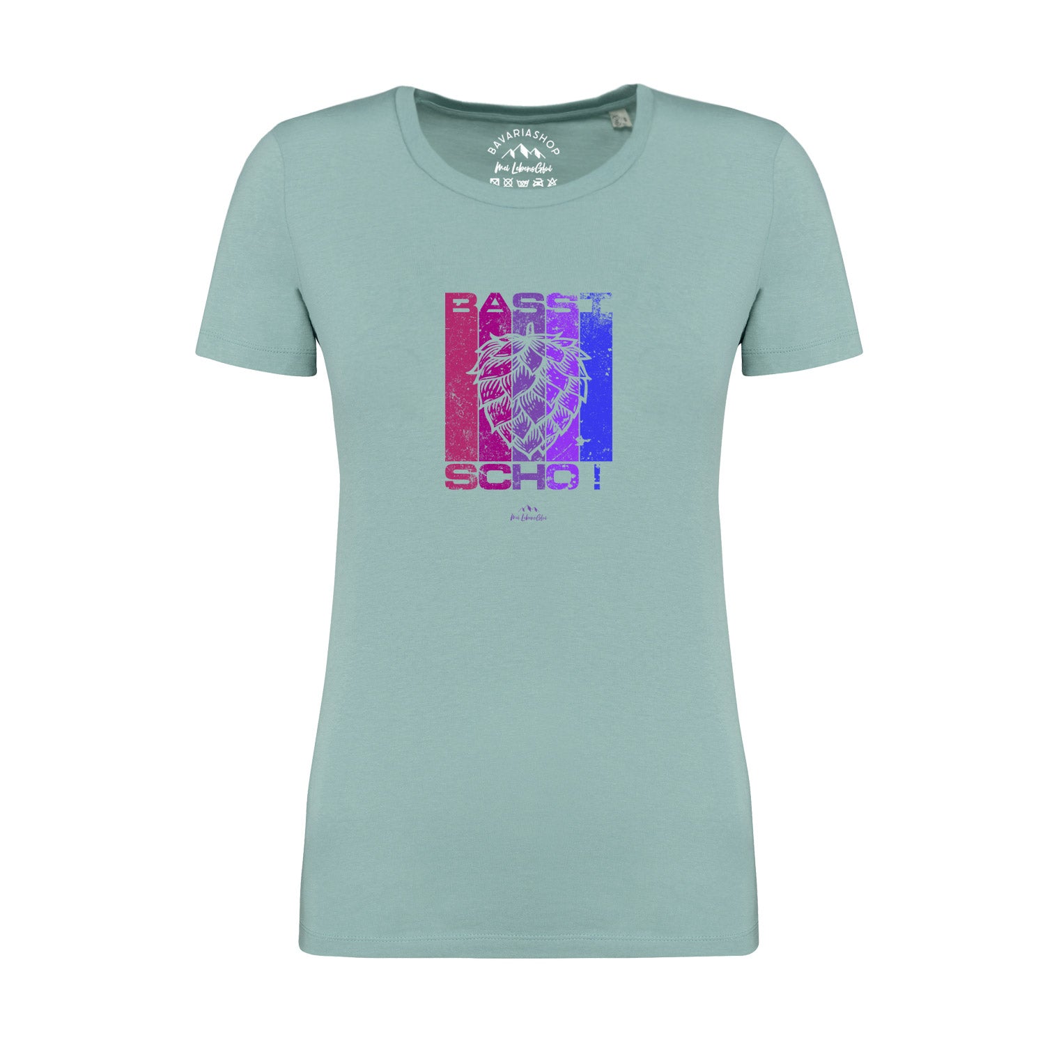 Pastellgrünes Damen-T-Shirt mit weißem Schriftzug „Basst scho“, Rundhalsausschnitt, 100 % Bio-Baumwolle.