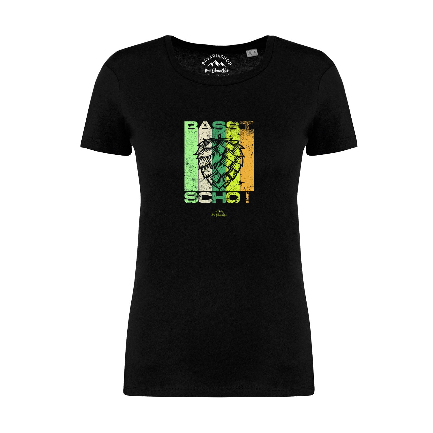Schwarzes Damen-T-Shirt mit weißem Schriftzug „Basst scho“, kurzärmelig, aus 100 % Bio-Baumwolle.