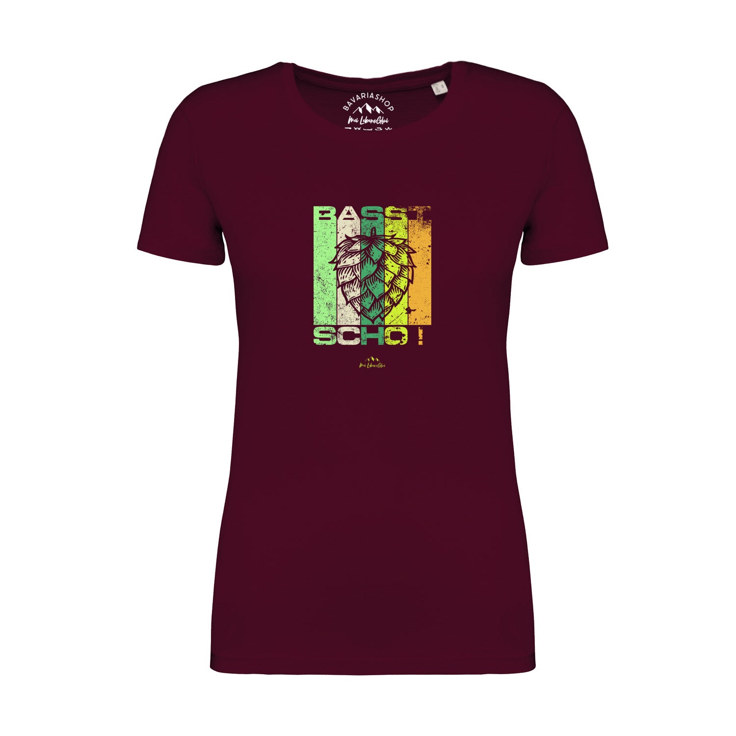 Weinrotes Damen-T-Shirt mit weißem Schriftzug „Basst scho“, runder Halsausschnitt, 100 % Bio-Baumwolle.