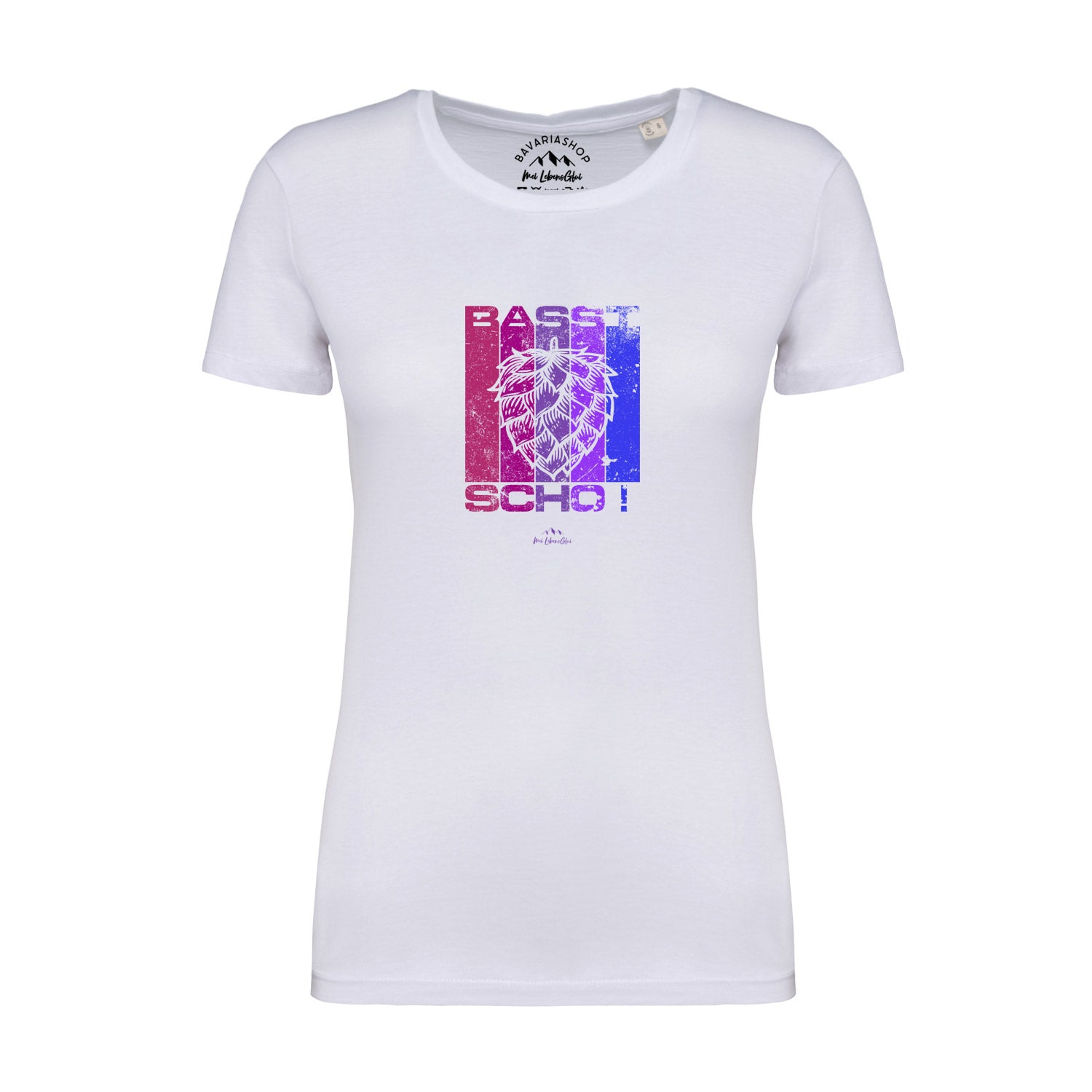 Weißes Damen-T-Shirt mit schwarzem Schriftzug „Basst scho“, kurzärmelig, aus 100 % Bio-Baumwolle.