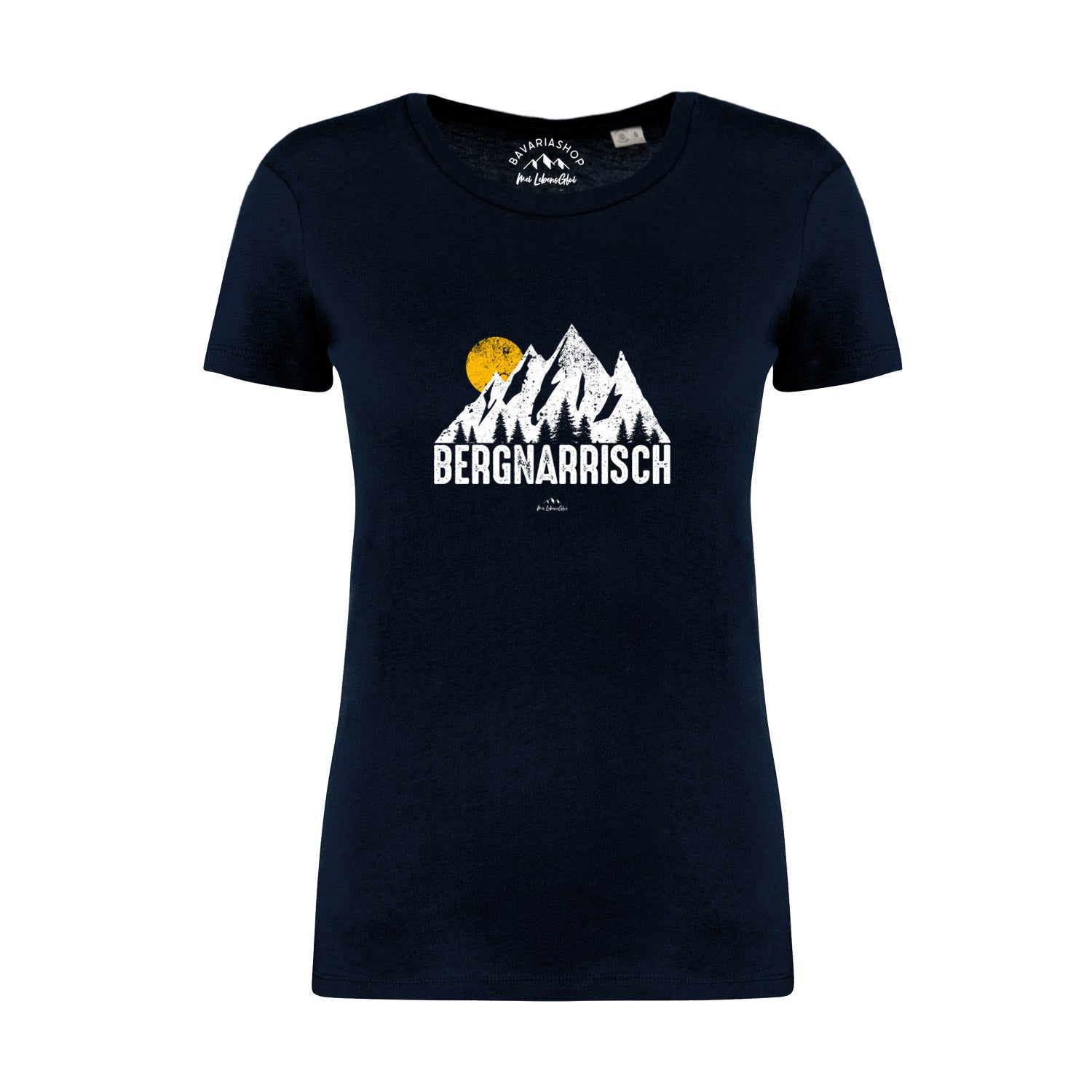 Dunkelblaues Damen-T-Shirt mit weißem Aufdruck „Bergnarrisch“, taillierter Schnitt, 100 % Bio-Baumwolle.