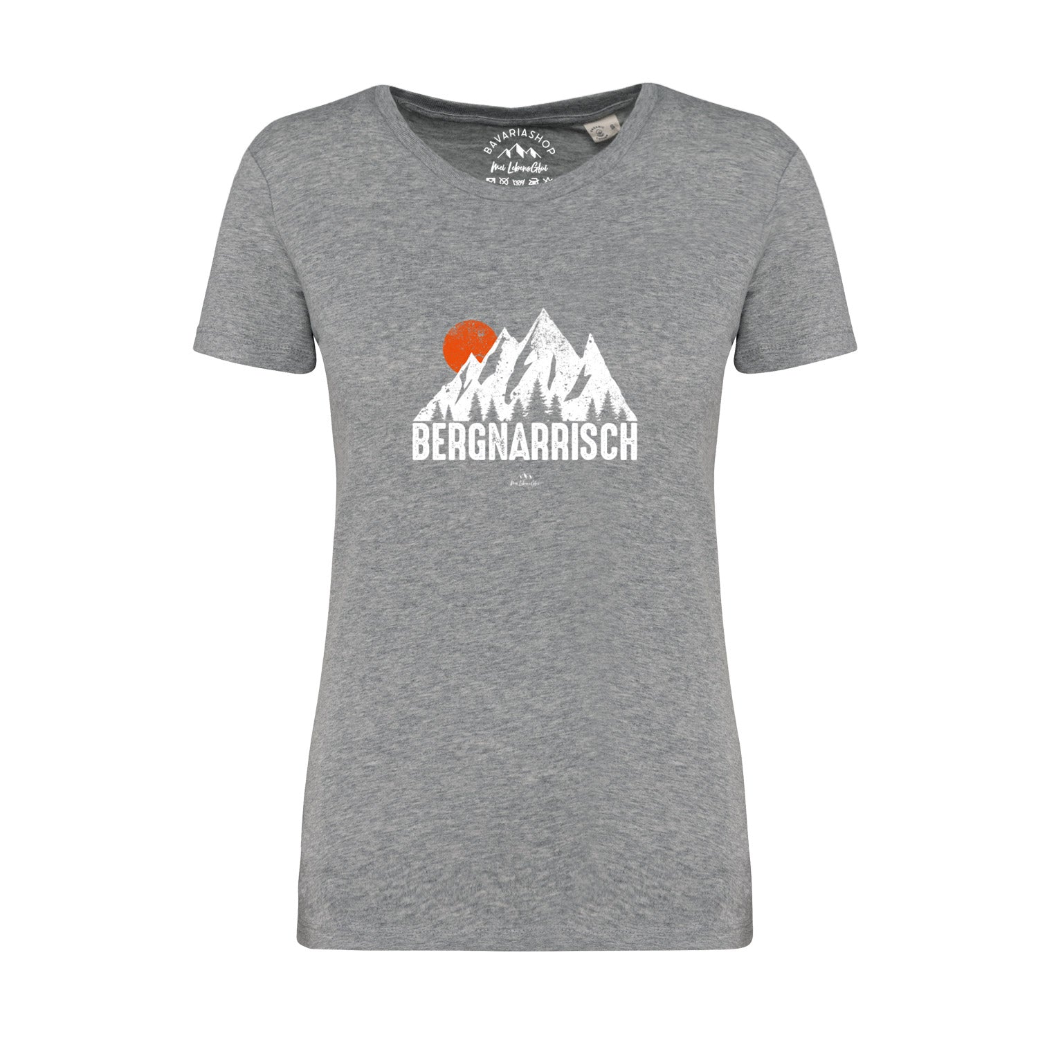 Graumeliertes Damen T-Shirt mit weißem Frontprint „BERGNARRISCH” in Großbuchstaben aus 100 % Bio-Baumwolle.