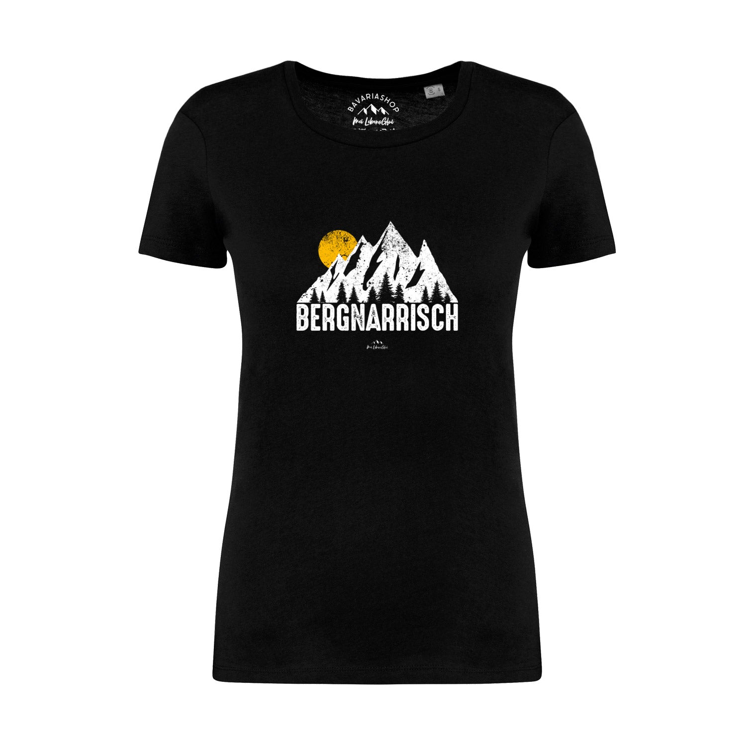 Schwarzes Damen T-Shirt mit weißem „bergnarrisch“-Schriftzug, Rundhalsausschnitt, 100 % Bio-Baumwolle, glatter Stoff.