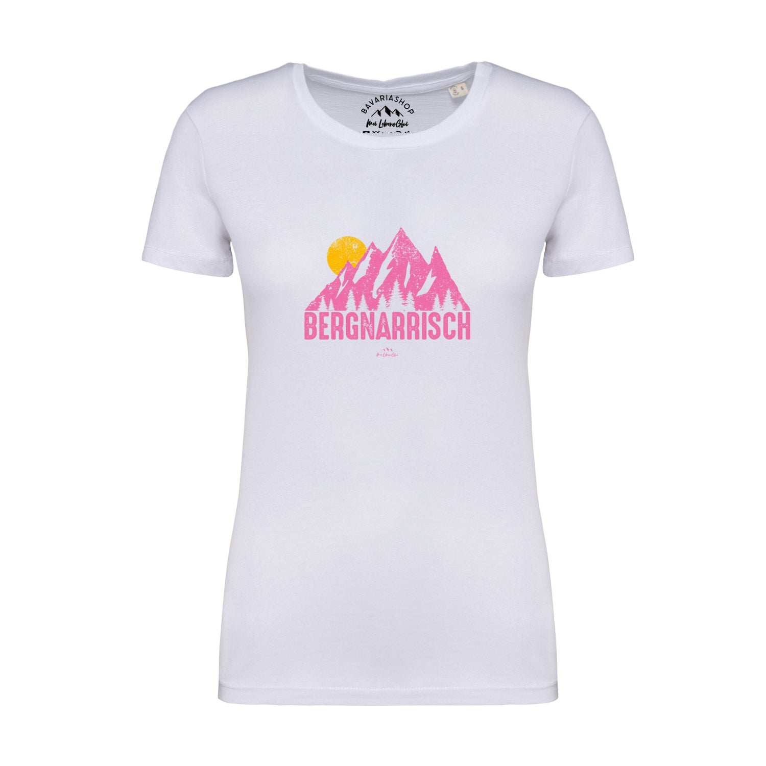 Weißes Damen-T-Shirt mit schwarzem Schriftzug „bergnarrisch“, rundem Halsausschnitt und geradem Schnitt aus Bio-Baumwolle.