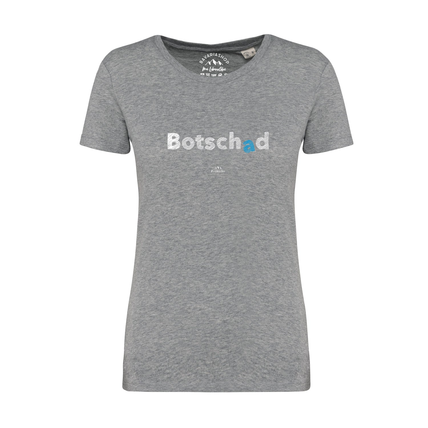 Graues Damen-T-Shirt mit schwarzem „Botschad“-Schriftzug, klassischer Rundhalsausschnitt, 100 % Bio-Baumwolle.