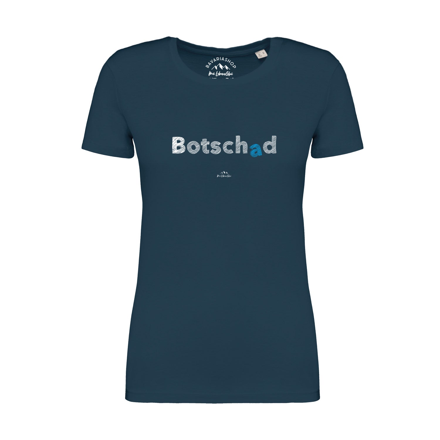 Pfauenblaues Damen-T-Shirt mit weißem „Botschad“-Schriftzug, klassischem Rundhals und aus Bio-Baumwolle.