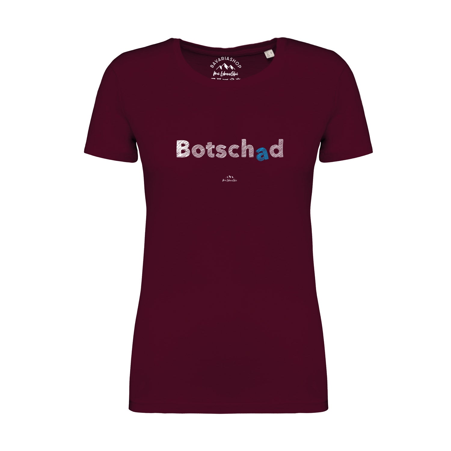 Weinrotes Damen T-Shirt mit weißem „Botschad“-Schriftzug, Rundhalsausschnitt, aus 100 % Bio-Baumwolle.