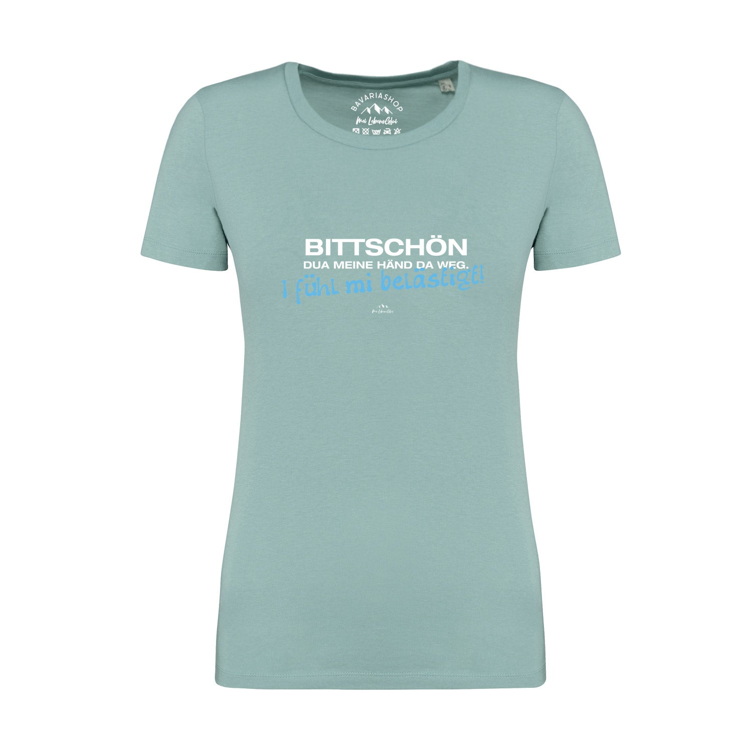 Pastellgrünes Damen-T-Shirt mit weißem Frontprint „Bratzn weg!“, kurzärmelig, 100 % Bio-Baumwolle.