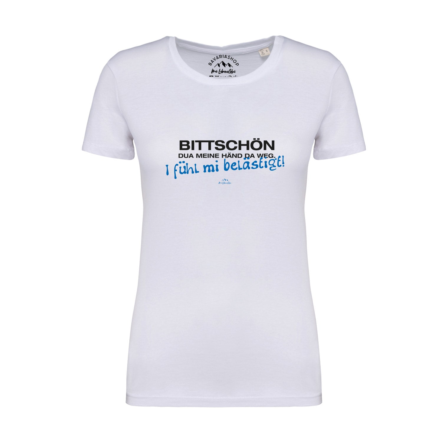 Weißes Damen-T-Shirt mit schwarzem „Bratzn weg!“-Schriftzug, Rundhalsausschnitt, aus 100 % Bio-Baumwolle.