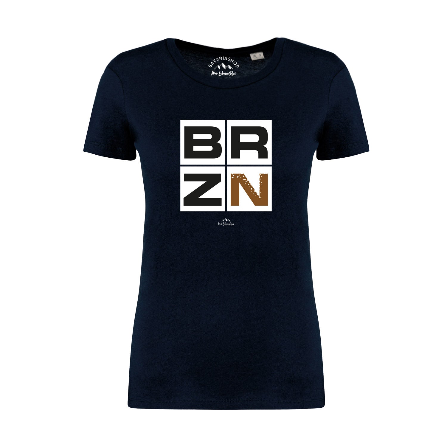 Dunkelblaues Damen-T-Shirt mit weißem „BRZN“-Schriftzug, Rundhalsausschnitt, aus 100 % Bio-Baumwolle.