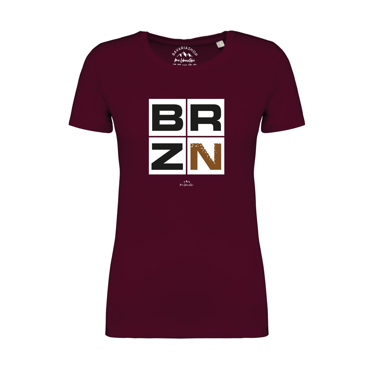Damen T-Shirt in Weinrot mit weißem BRZN-Schriftzug, Rundhalsausschnitt, aus 100 % Bio-Baumwolle.