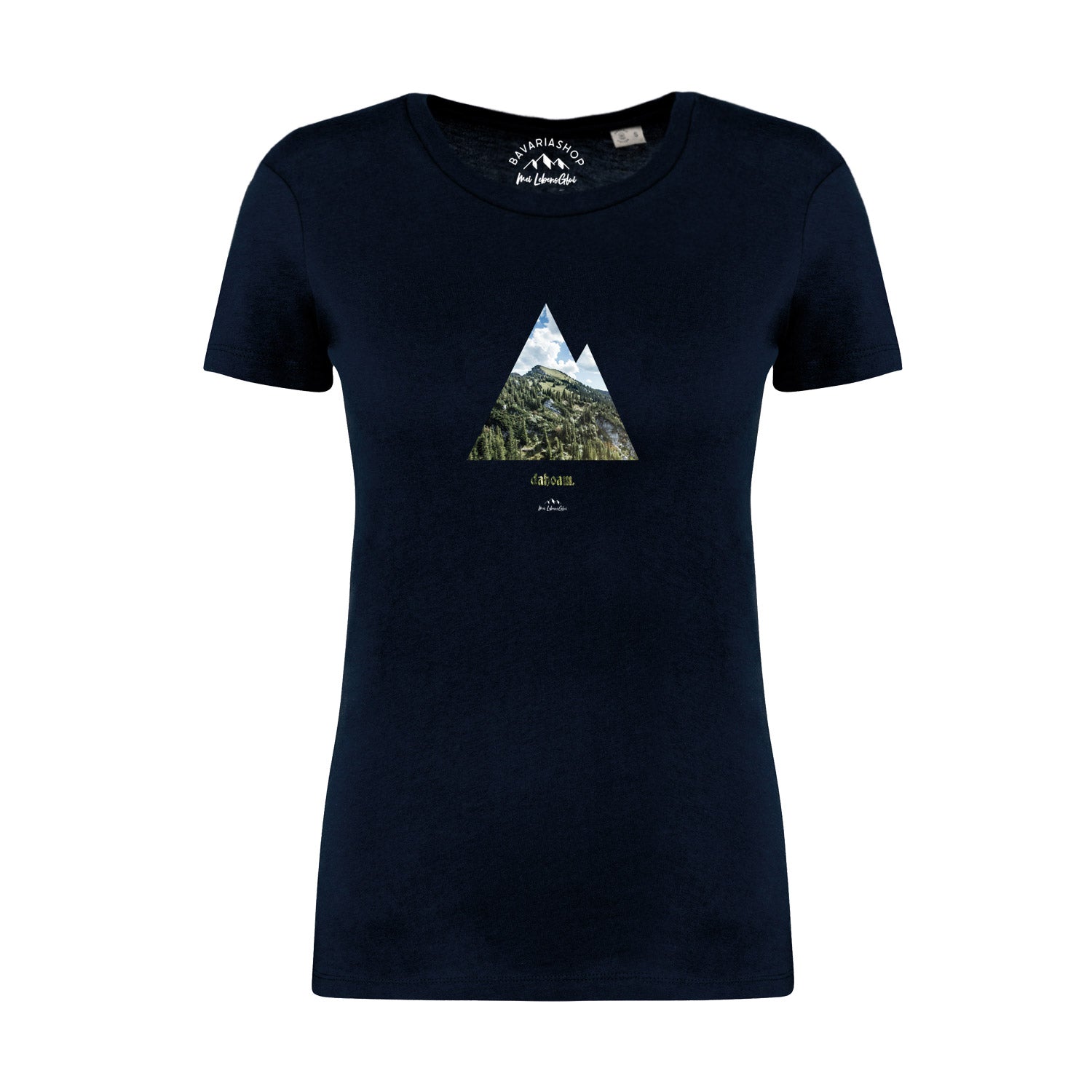 Dunkelblaues Damen-T-Shirt mit weißem „dahoam“-Schriftzug auf der Brust, aus 100 % Bio-Baumwolle.