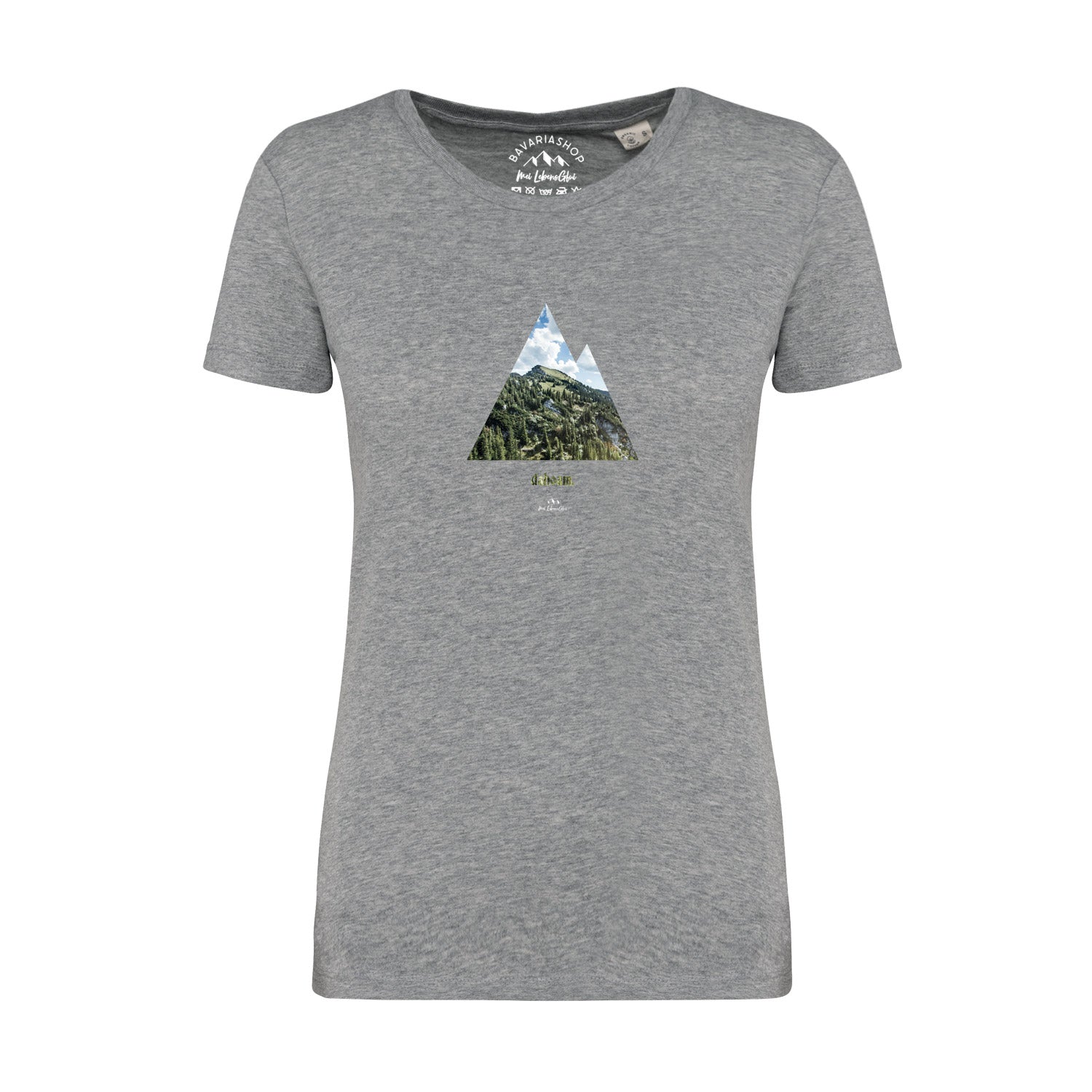 Graumeliertes Damen-T-Shirt mit weißem „dahoam“-Schriftzug, Rundhalsausschnitt, 100 % Bio-Baumwolle, kurzärmelig.