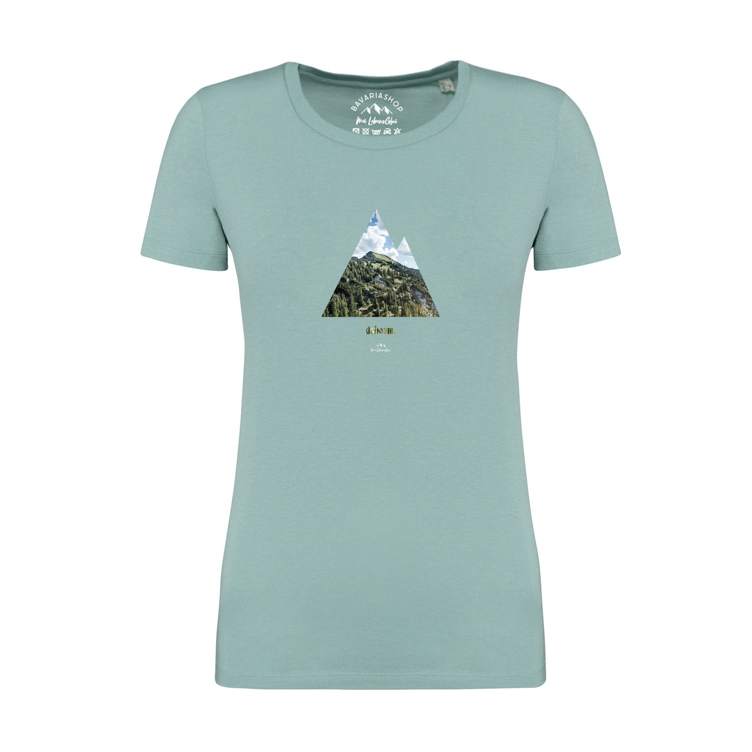 Pastellgrünes Damen T-Shirt mit weißem "dahoam"-Schriftzug, kurzärmelig, aus 100 % Bio-Baumwolle.