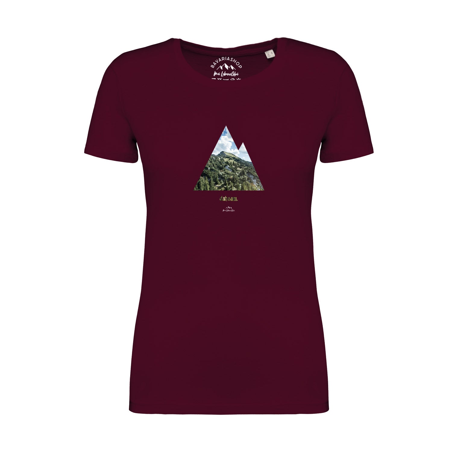 Weinrotes Damen-T-Shirt mit weißem „dahoam“-Schriftzug, kurzärmelig, aus 100 % Bio-Baumwolle.