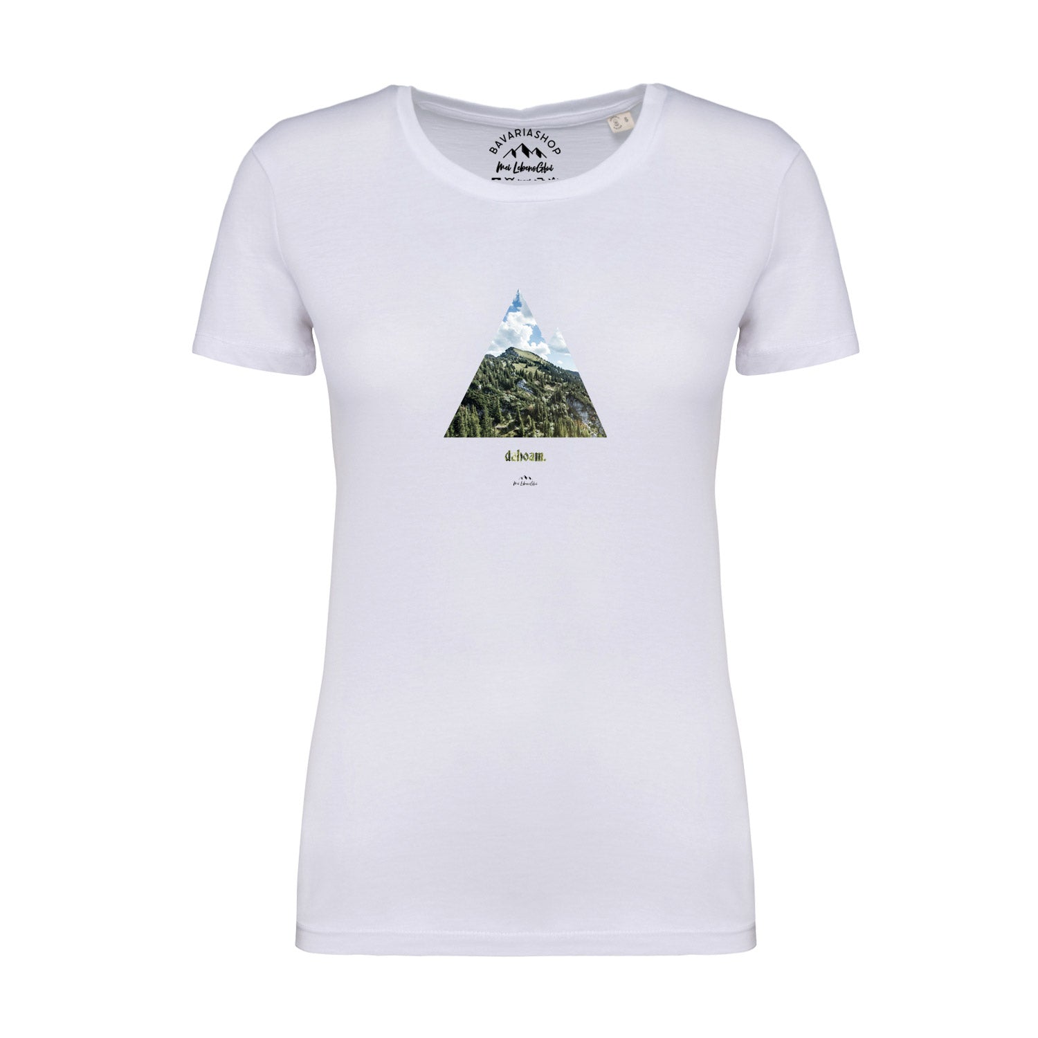 Weißes Damen-T-Shirt mit schwarzem „dahoam“-Schriftzug in bayerischer Mundart, aus 100 % Bio-Baumwolle.