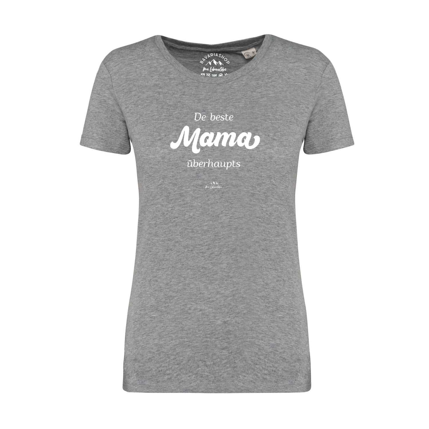 Damen-T-Shirt mit Aufdruck "De beste Mama übahaupts", klassischer Schnitt, melierte Optik, 100 % Bio-Baumwolle.