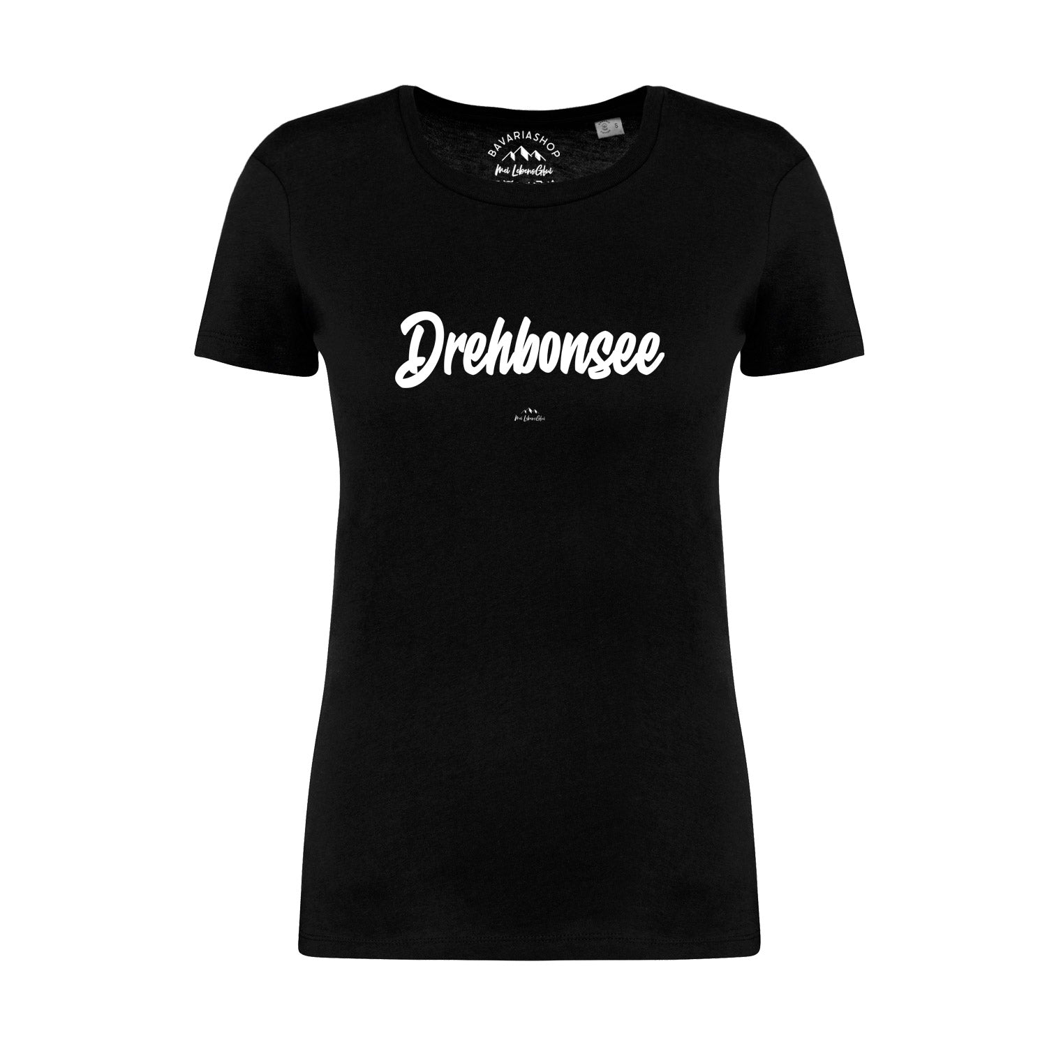Schwarzes Damen-T-Shirt aus Bio-Baumwolle mit weißem "Drehbonsee"-Schriftzug in bayerischer Mundart.
