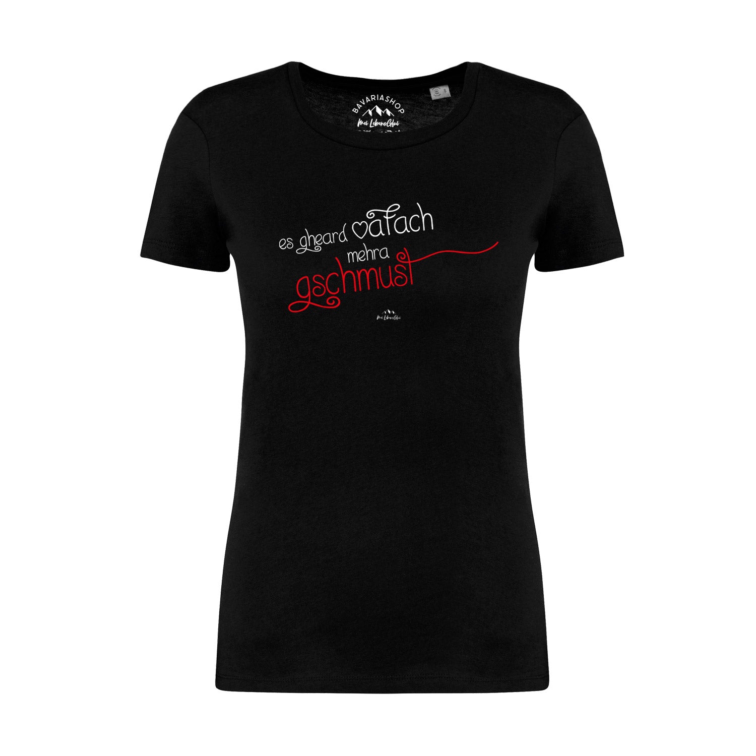 Schwarzes Damen T-Shirt mit weißem "Gschmust"-Schriftzug in klarer Serifenschrift, aus 100 % Bio-Baumwolle.