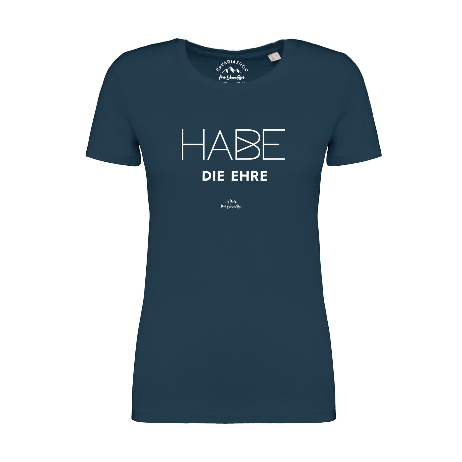 Damen T-Shirt mit Schriftzug „Habe die Ehre“, Rundhalsausschnitt, aus Bio-Baumwolle, pfauenblau.