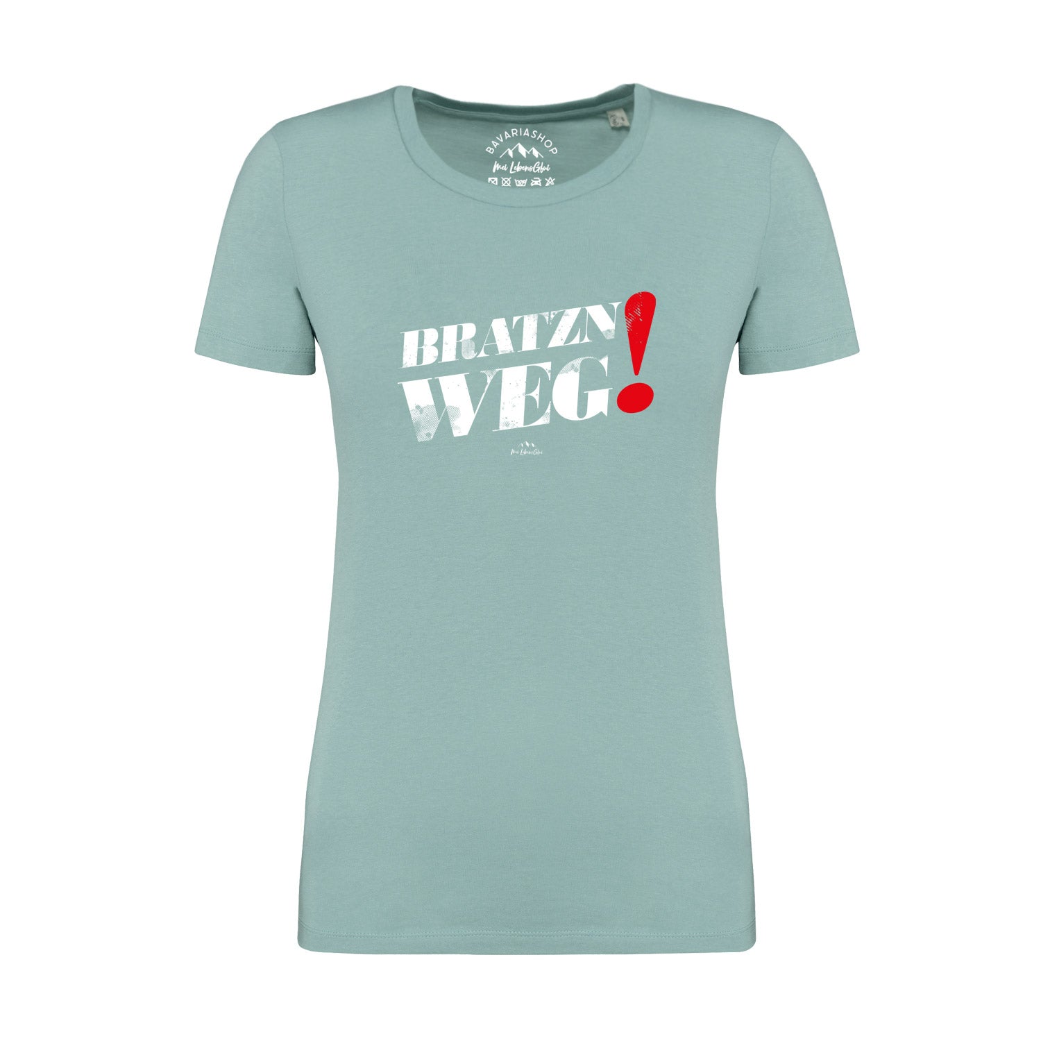 Pastellgrünes Damen-T-Shirt mit schwarzem Bratzn weg-Schriftzug, geradem Schnitt, aus 100 % Bio-Baumwolle.