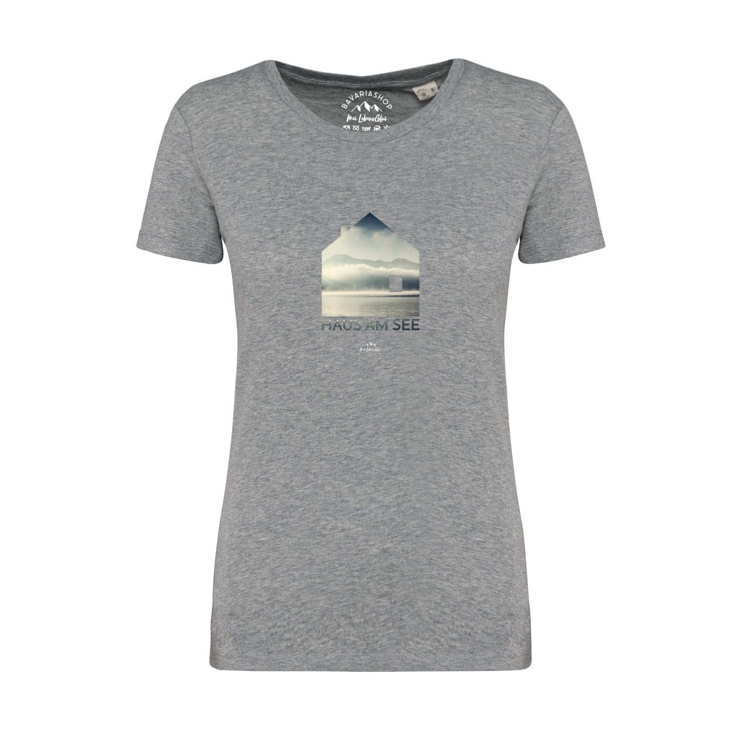 Graumeliertes Damen-T-Shirt mit schwarzem Aufdruck „Haus am See“ aus 100 % Bio-Baumwolle, Kurzarm, klassischer Schnitt.