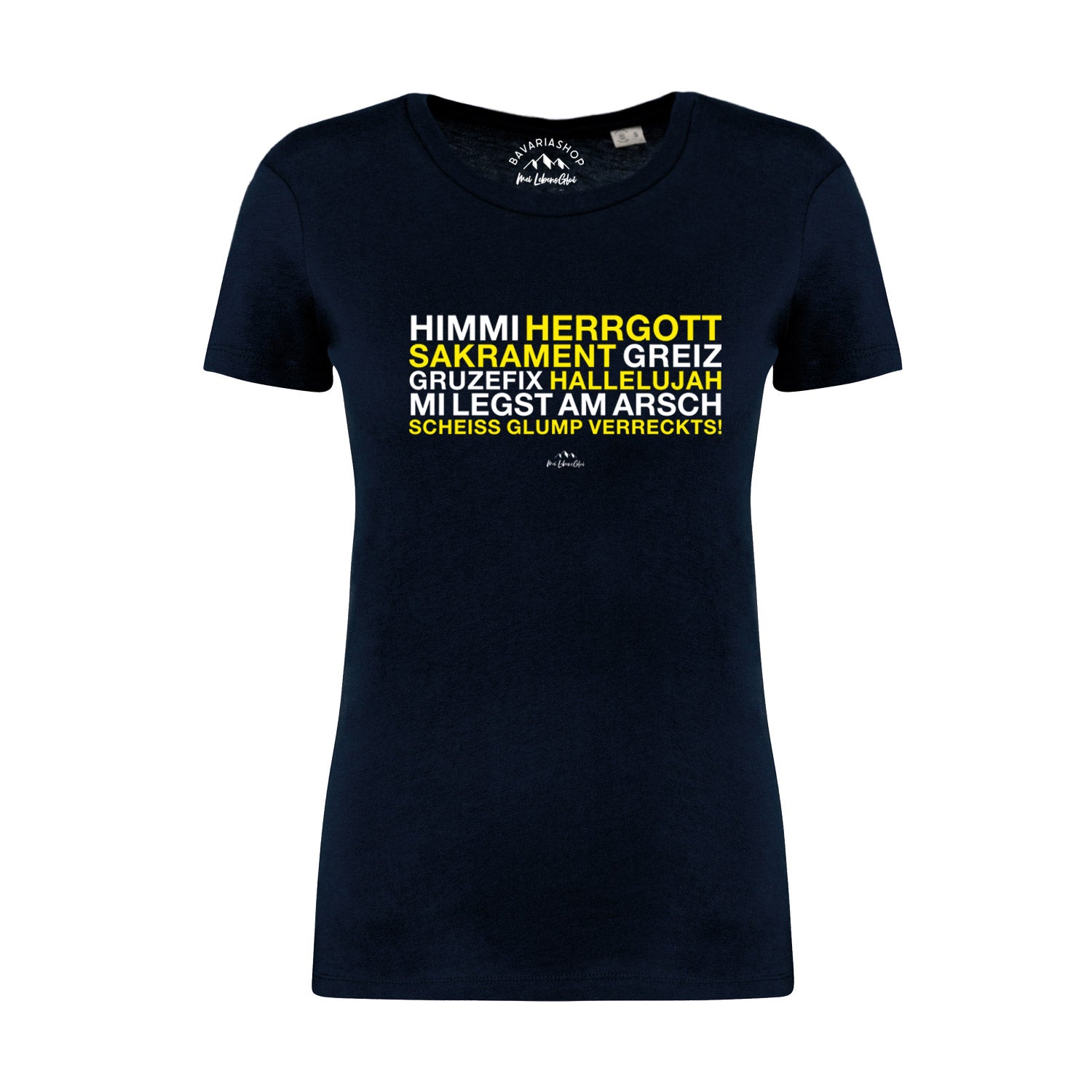 Dunkelblaues Damen-T-Shirt mit weißem Aufdruck „Himmi Herrgott“, kurzer Ärmel, Rundhals, 100 % Bio-Baumwolle.