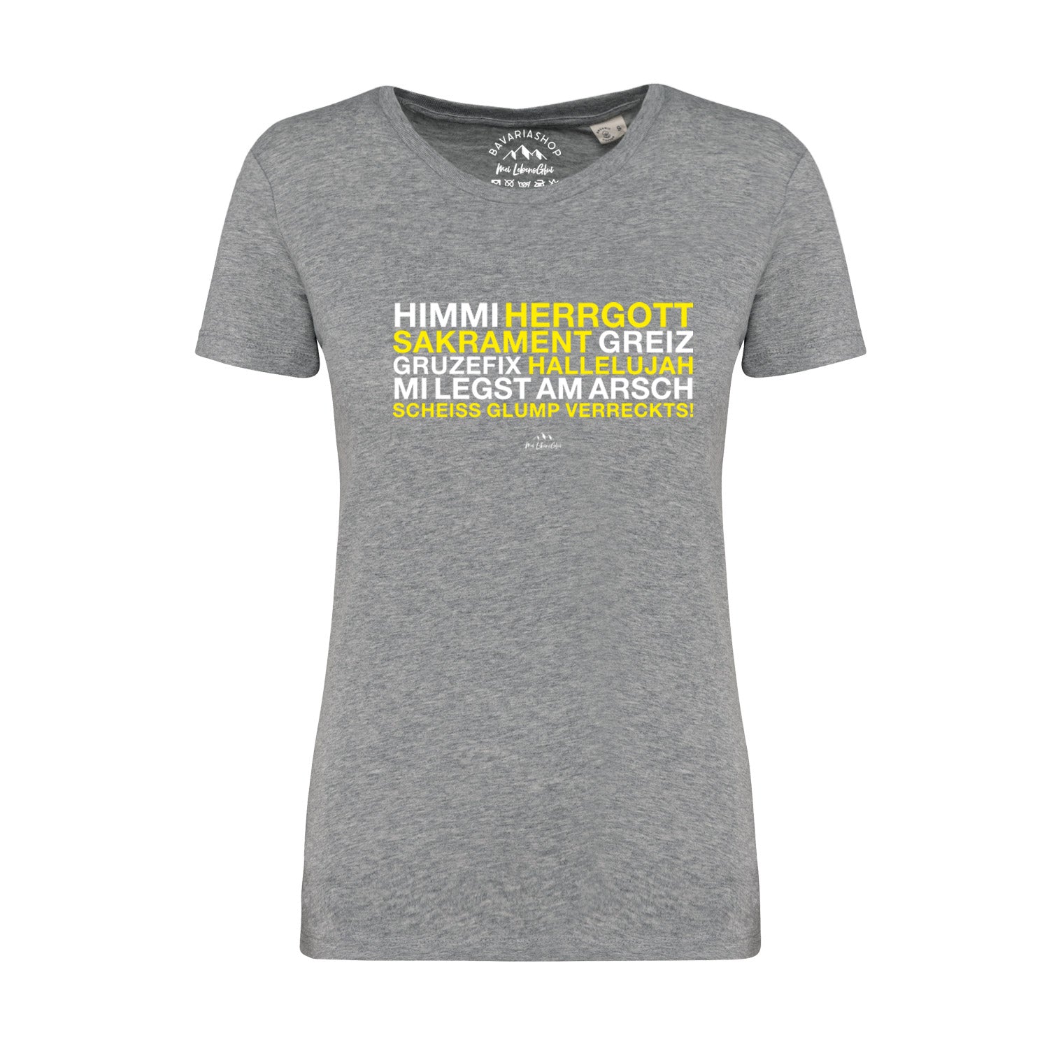 Graues Damen-T-Shirt mit weißem Schriftzug „Himmi Herrgott“, Rundhals, kurzärmelig, 100 % Bio-Baumwolle.
