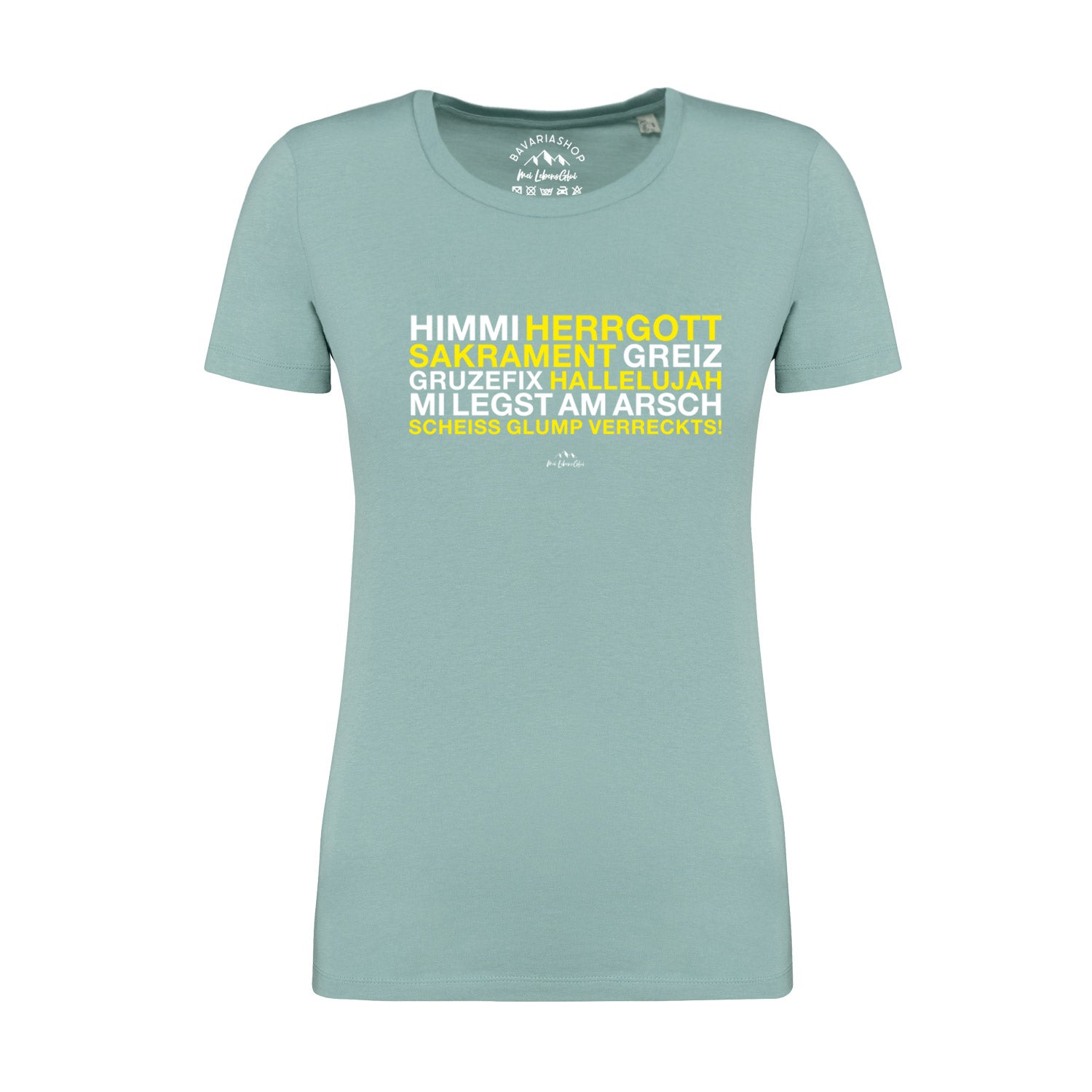 Pastellgrünes Damen-T-Shirt mit weißem „Himmi Herrgott“-Schriftzug, aus 100 % Bio-Baumwolle, kurzärmelig.