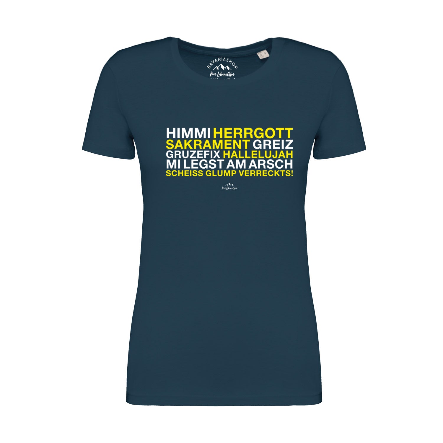 Pfauenblaues Damen-T-Shirt mit weißem Schriftzug „Himmi Herrgott“, kurzärmelig, 100 % Bio-Baumwolle.