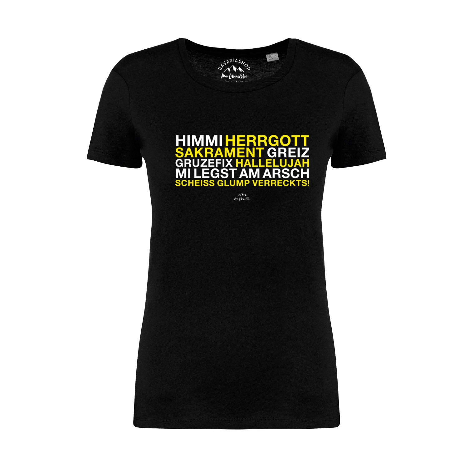 Schwarzes Damen-T-Shirt mit weißem Schriftzug „Himmi Herrgott“, klassischer Schnitt aus 100 % Bio-Baumwolle.