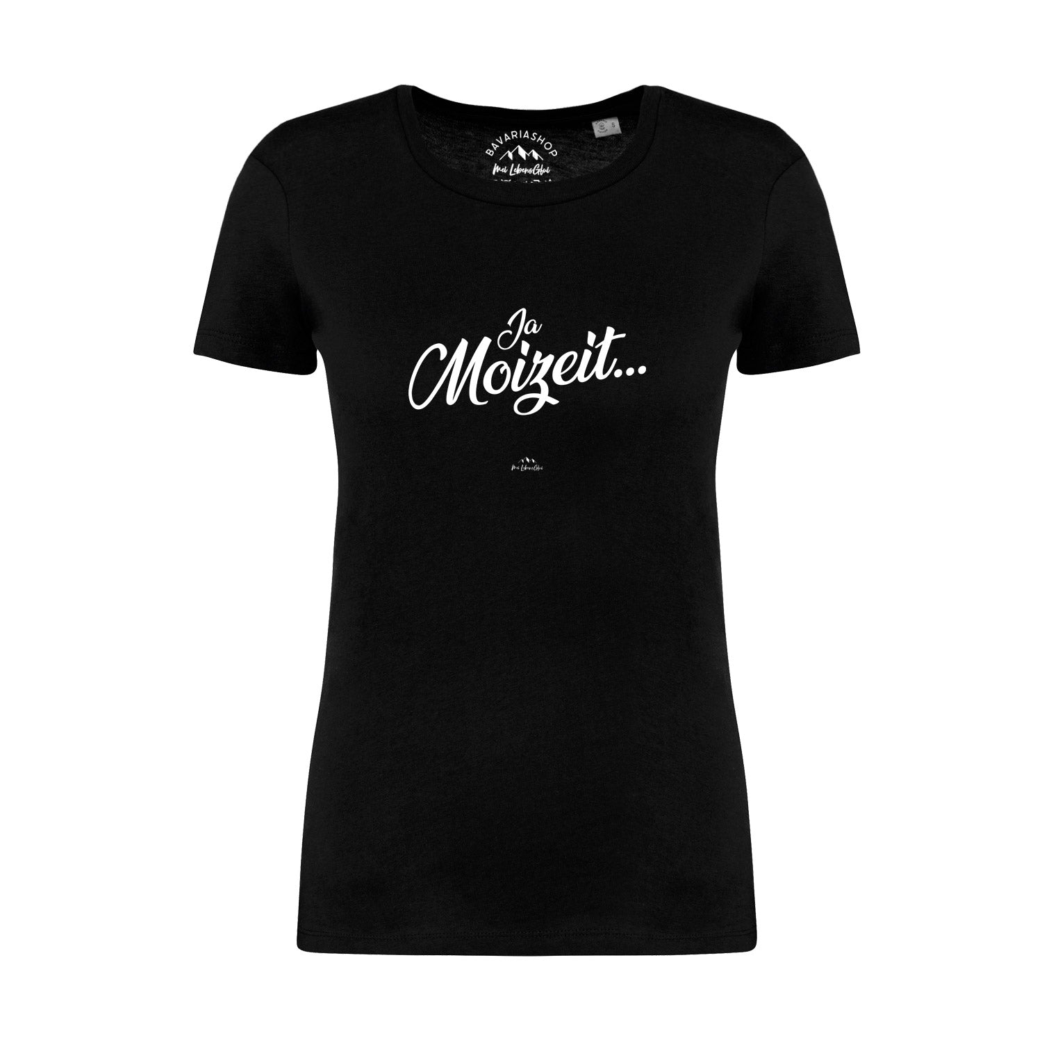 Schwarzes Damen-T-Shirt mit weißem Frontprint „Ja Moizeit“, Rundhalsausschnitt, aus 100 % Bio-Baumwolle.